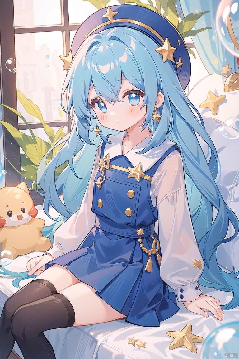  1girl, chibi, loli, yong girl, solo, best quality, looking at viewer, sitting, blue eyes, blue hair, earrings, duel monster, starfish, star \(symbol\), bubble