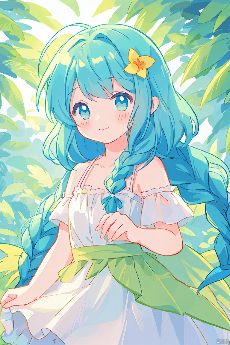  1girl, solo, loli, chibi, young girl,best quality, vivid color, white background, leaf background, upper body, looking at viewer, blush, tanzaku, tanabata, eyebrows visible through hair, long hair, braid, hair flower, hair over shoulder, bangs, white dress, bare shoulders, off shoulder, nail polish, green wings, feathered wings, hand up, palm tree, palm leaf, potted plant, bamboo, branch