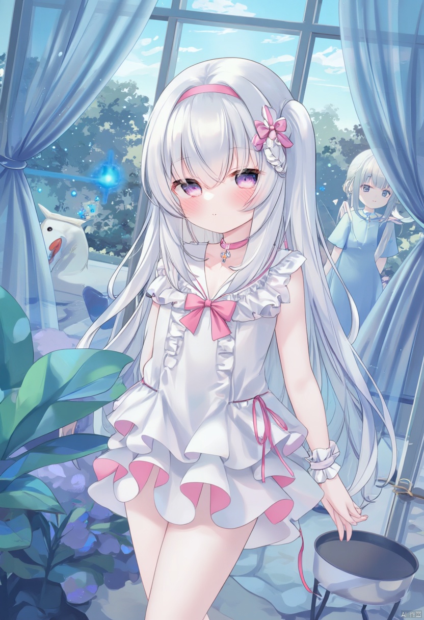 The image is an illustration of a young girl with long white hair and blue eyes. She is standing in front of a window with a blue curtain, and there are other people visible in the background. The girl is wearing a white dress with a pink ribbon tied around her waist and a pink bow on her head. She has a serious expression on her face and is looking off to the side. The overall mood of the image is peaceful and serene.