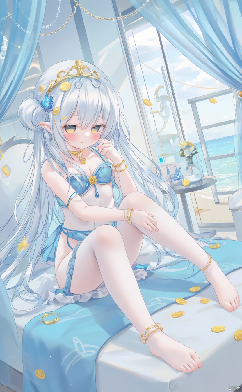 The image is an illustration of a young girl with blue hair and a crown on her head. She is lying on a bed with a white pi...
