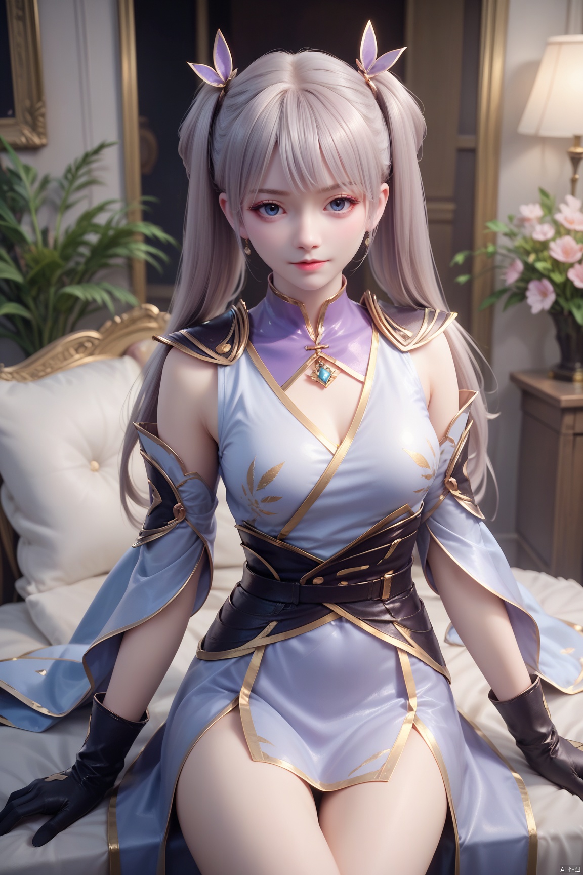 score_9, score_8_up, score_7_up,highly detailed digital,1girl, solo, long hair, breasts, looking at viewer, bangs, gloves, dress, twintails,
