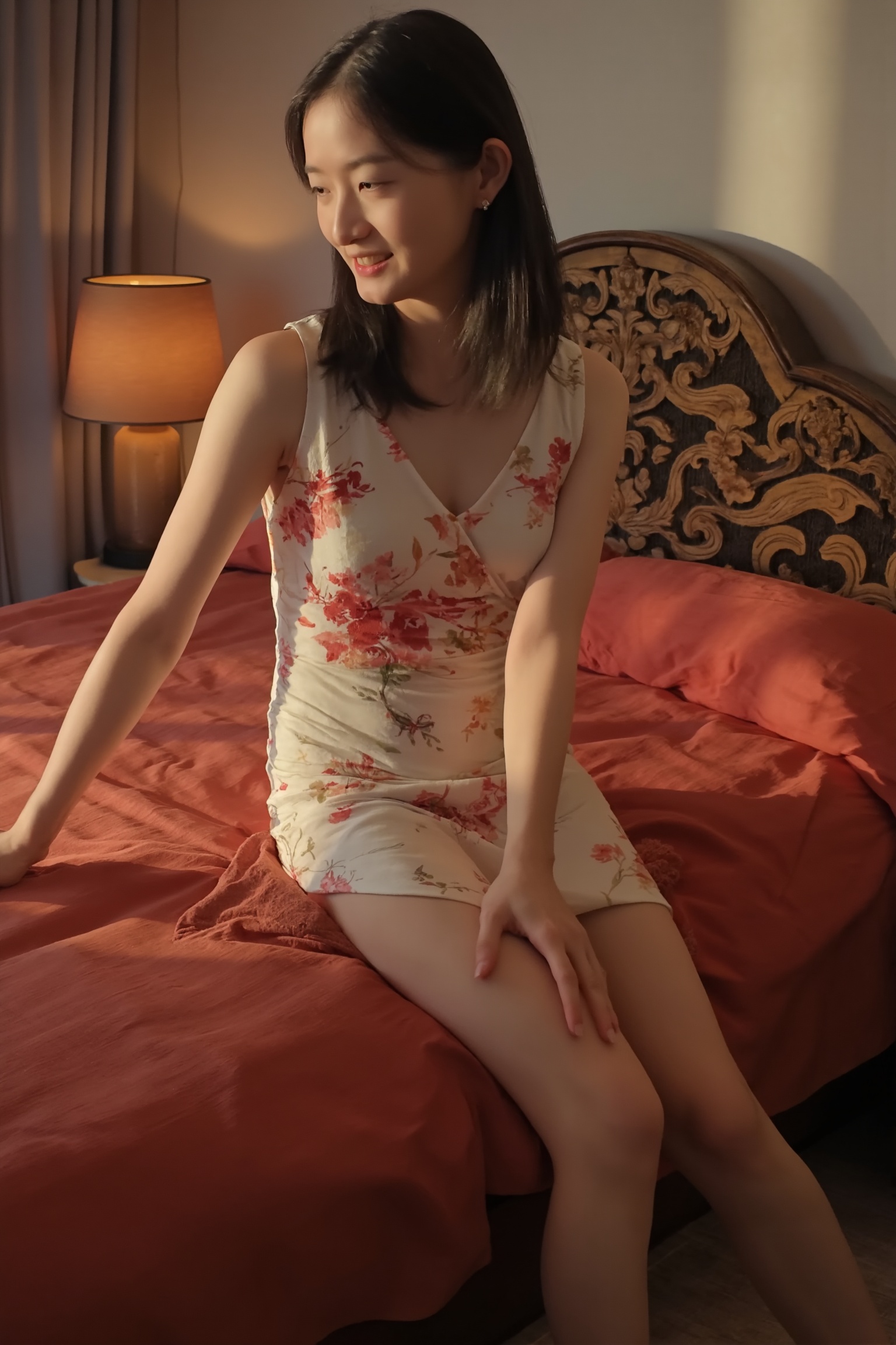 A beautiful woman is wearing a modern,  sleeveless,  short qipao adorned with floral patterns on Tensor.Art
