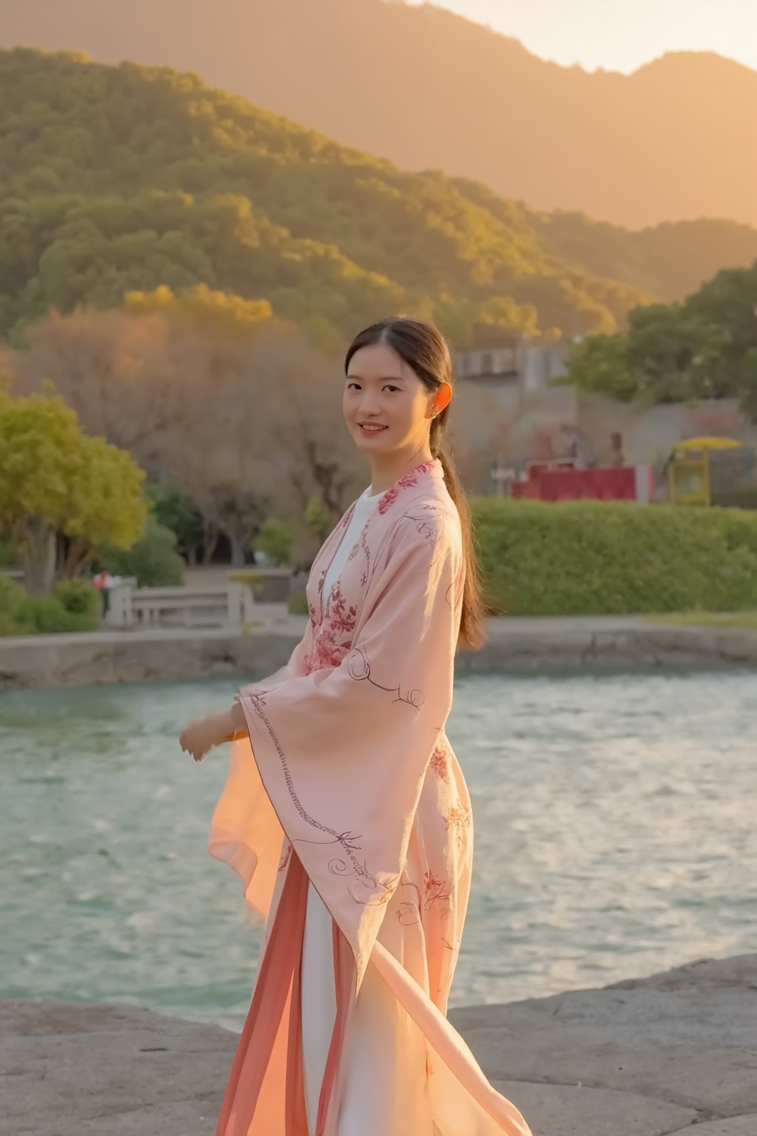 A beautiful woman in a traditional Chinese hanfu,  standing on a riverbank park in the early morning. The hanfu is in clas...
