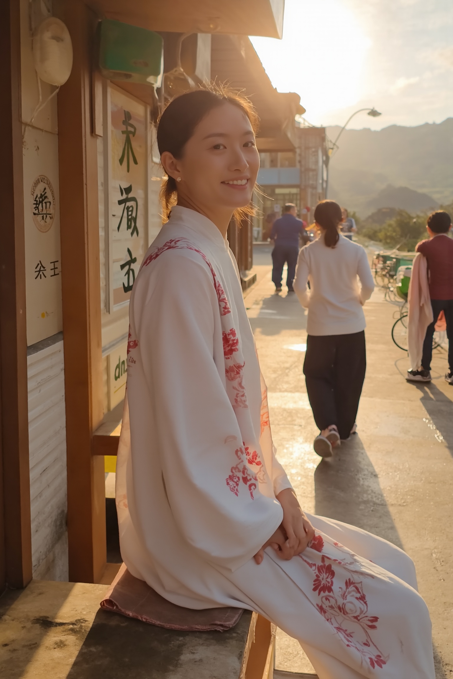 A beautiful woman in a traditional Chinese hanfu,  sitting at a small roadside tea stall in the early morning. The hanfu i...