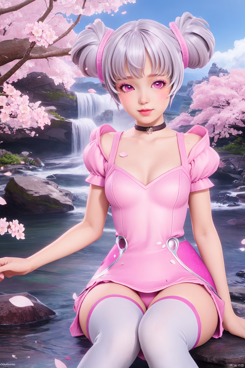 sitting, looking at viewer, waterfall, (cherry blossoms), (milfeulle sakuraba),petals, sky, cloud, day, blue sky, petals, water, stone, loudy sky, 1girl,solo,chibi,loli,short hair,makeup,breasts,thighhighs,twintails,pink eyes,hair bun,Pink and white thigh socks,(chibi:1.1),(Slim Body:1.2),loli,(Thin legs:1.2),nail polish, makeup,(8k, RAW photo, best quality, masterpiece:1.2),(realistic, photorealistic:1.3),ultra-detailed,extremely detailed cg 8k wallpaper,(crystalstexture skin:1.2),extremely delicate and beautiful
