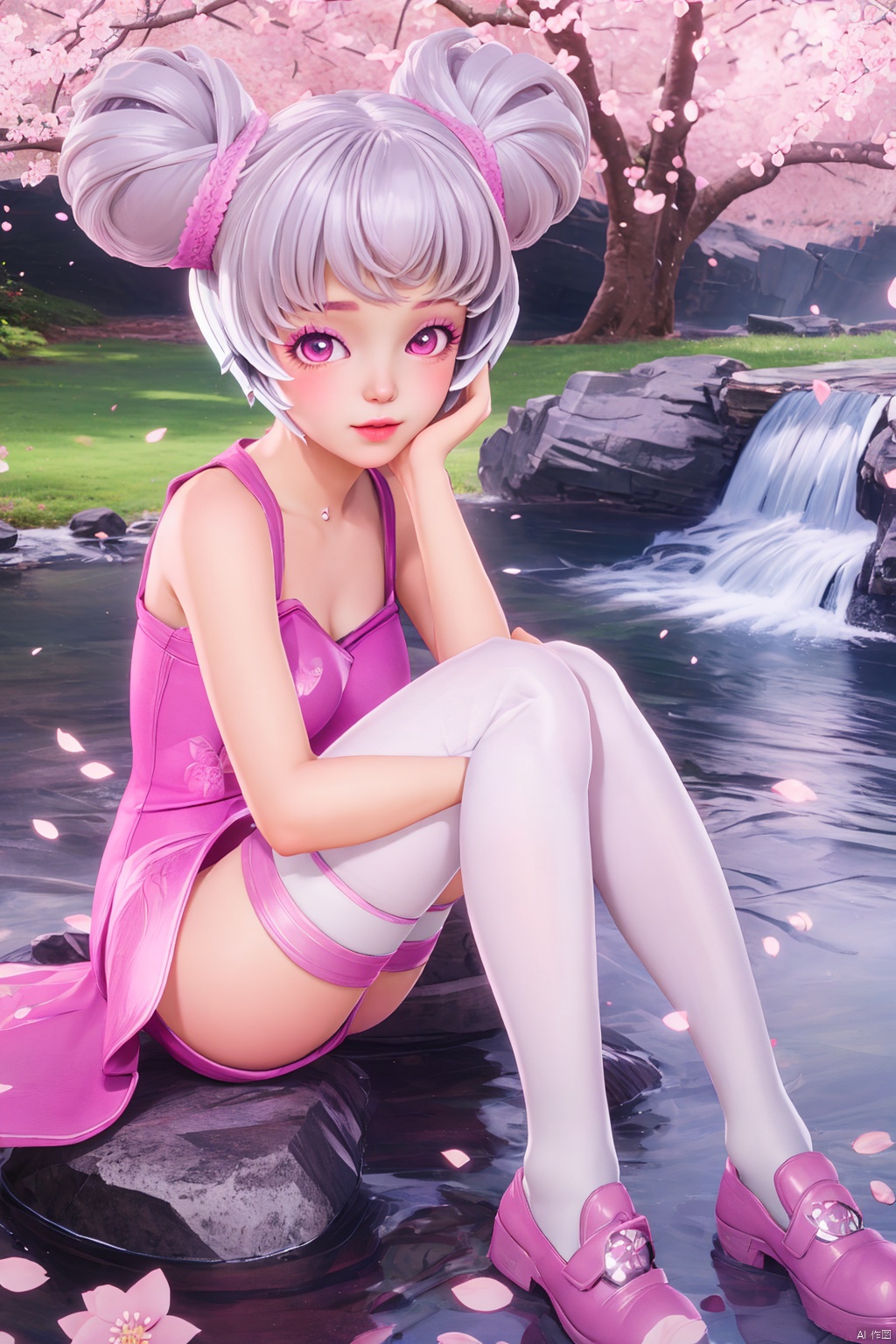 sitting,  looking at viewer,  waterfall on Tensor.Art
