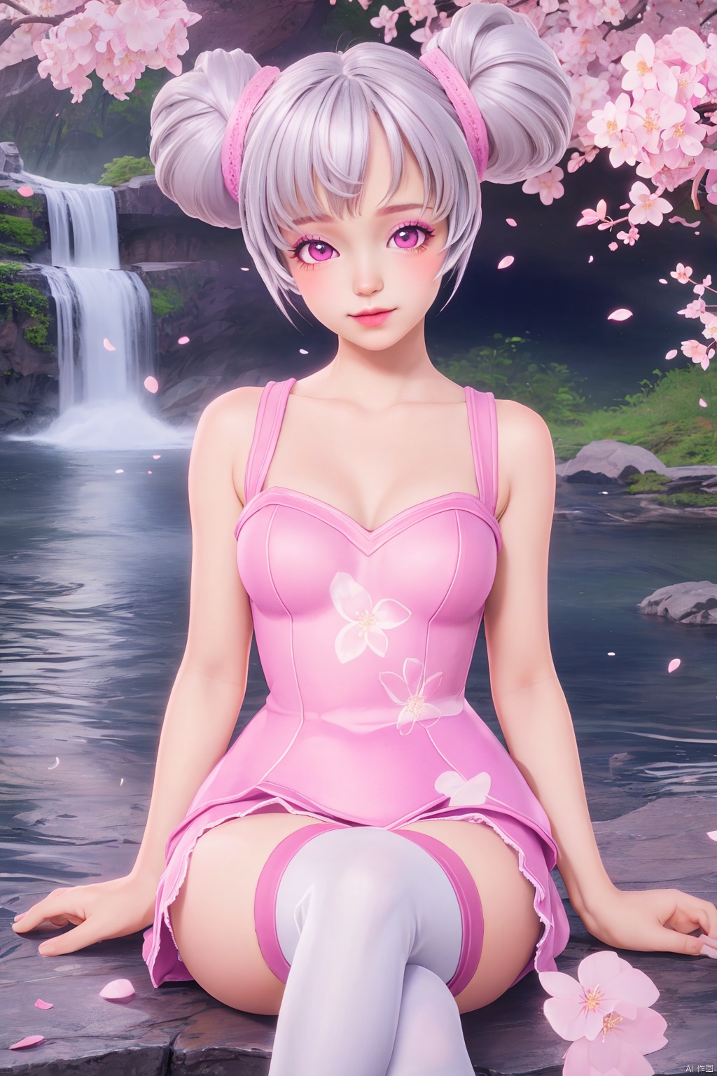 sitting, looking at viewer, waterfall, (cherry blossoms), (milfeulle sakuraba),petals, sky, cloud, day, blue sky, petals, water, stone, loudy sky, 1girl,solo,chibi,loli,short hair,makeup,breasts,thighhighs,twintails,pink eyes,hair bun,Pink and white thigh socks,(chibi:1.1),(Slim Body:1.2),loli,(Thin legs:1.2),nail polish, makeup,(8k, RAW photo, best quality, masterpiece:1.2),(realistic, photorealistic:1.3),ultra-detailed,extremely detailed cg 8k wallpaper,(crystalstexture skin:1.2),extremely delicate and beautiful