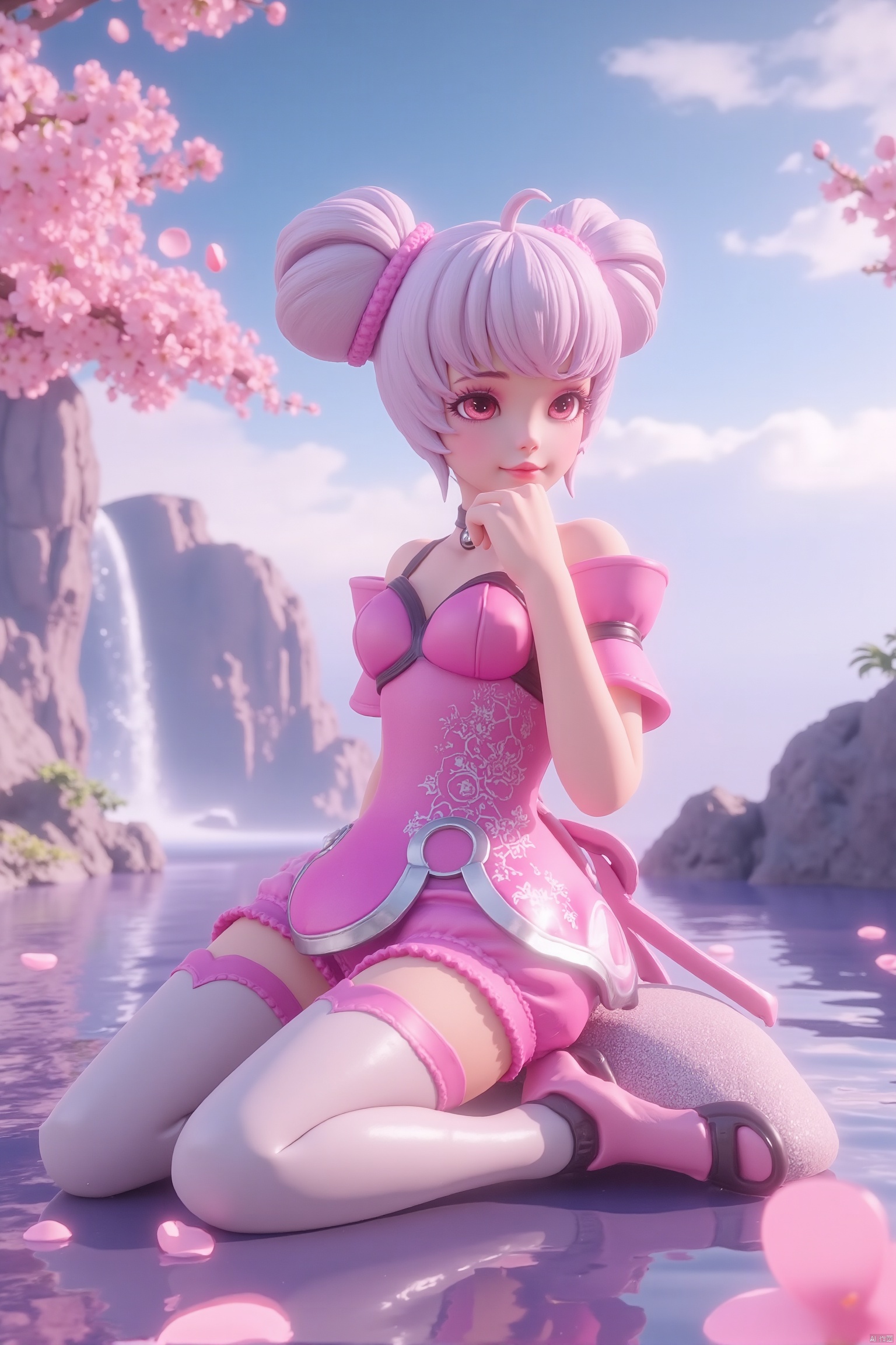 topknot,sitting, looking at viewer, waterfall, (cherry blossoms), (milfeulle sakuraba),petals, sky, cloud, day, blue sky, petals, water, stone, loudy sky, 1girl,solo,short hair,makeup,thighhighs,twintails,hair bun,Pink and white thigh socks,nail polish, makeup,(8k, RAW photo, best quality, masterpiece:1.2),(realistic, photorealistic:1.3),ultra-detailed,extremely detailed cg 8k wallpaper,(crystalstexture skin:1.2),extremely delicate and beautiful
