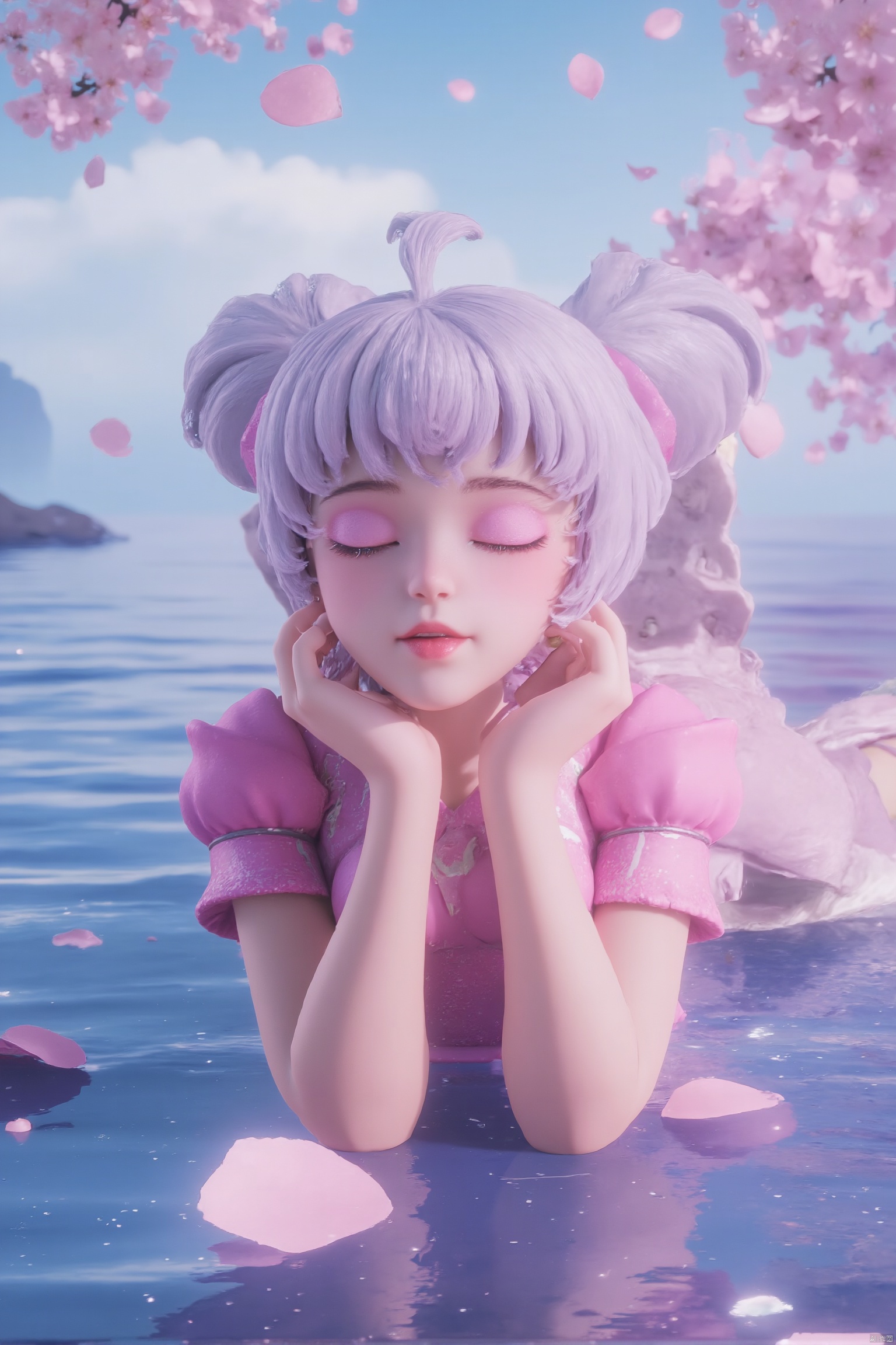 from above,topknot,on stomach, looking at viewer, waterfall, (cherry blossoms), (milfeulle sakuraba),petals, sky, cloud, day, blue sky, petals, water, stone, loudy sky, 1girl,solo,short hair,makeup,thighhighs,twintails,hair bun,Pink and white thigh socks,nail polish, makeup,(8k, RAW photo, best quality, masterpiece:1.2),(realistic, photorealistic:1.3),ultra-detailed,extremely detailed cg 8k wallpaper,(crystalstexture skin:1.2),extremely delicate and beautiful