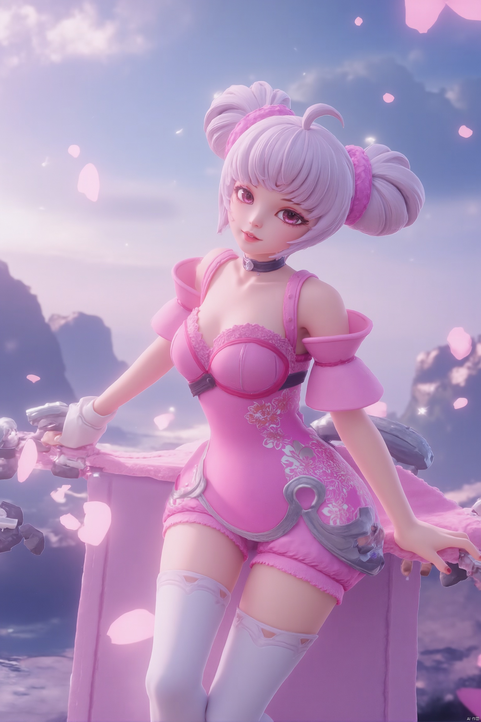 from above,topknot,on stomach, looking at viewer, waterfall, (cherry blossoms), (milfeulle sakuraba),petals, sky, cloud, day, blue sky, petals, water, stone, loudy sky, 1girl,solo,short hair,makeup,thighhighs,twintails,hair bun,Pink and white thigh socks,nail polish, makeup,(8k, RAW photo, best quality, masterpiece:1.2),(realistic, photorealistic:1.3),ultra-detailed,extremely detailed cg 8k wallpaper,(crystalstexture skin:1.2),extremely delicate and beautiful