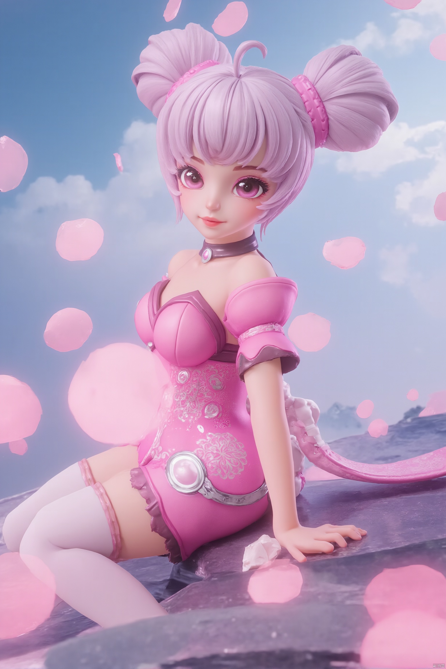 topknot,sitting, looking at viewer, waterfall, (cherry blossoms), (milfeulle sakuraba),petals, sky, cloud, day, blue sky, petals, water, stone, loudy sky, 1girl,solo,short hair,makeup,thighhighs,twintails,hair bun,Pink and white thigh socks,nail polish, makeup,(8k, RAW photo, best quality, masterpiece:1.2),(realistic, photorealistic:1.3),ultra-detailed,extremely detailed cg 8k wallpaper,(crystalstexture skin:1.2),extremely delicate and beautiful