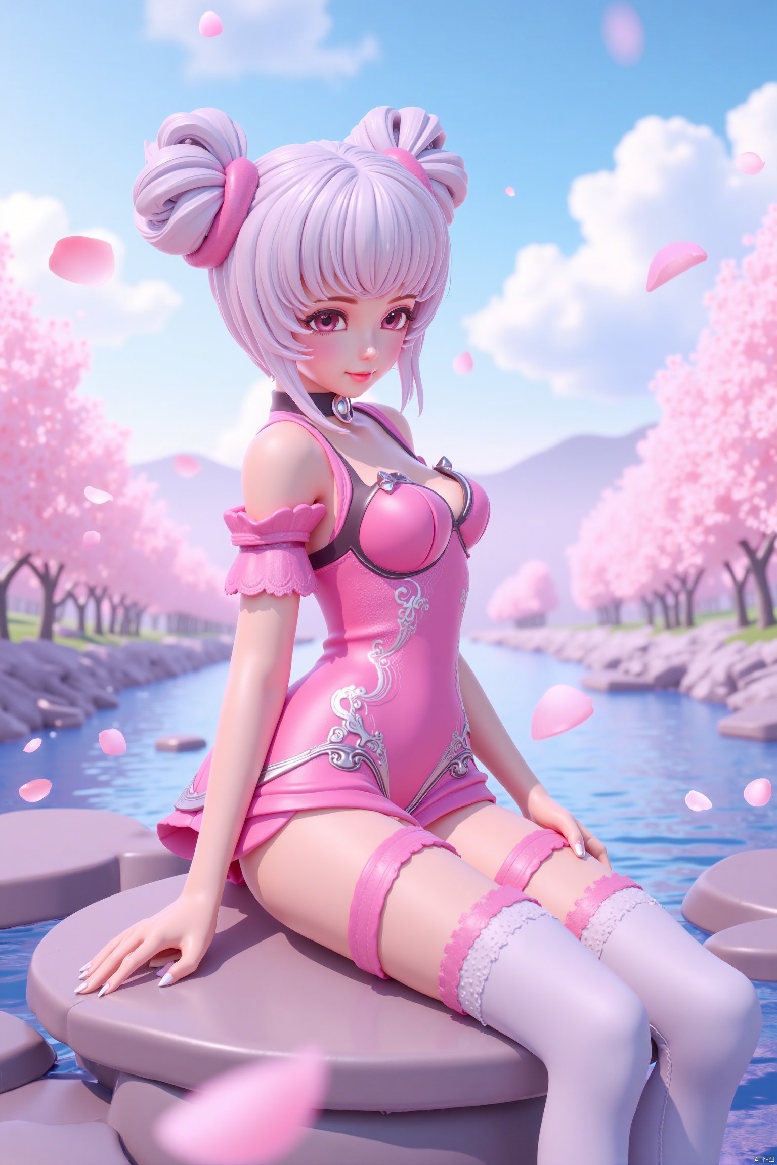 sitting, looking at viewer, waterfall, (cherry blossoms), (milfeulle sakuraba),petals, sky, cloud, day, blue sky, petals, water, stone, loudy sky, 1girl,solo,short hair,makeup,thighhighs,twintails,hair bun,Pink and white thigh socks,nail polish, makeup,(8k, RAW photo, best quality, masterpiece:1.2),(realistic, photorealistic:1.3),ultra-detailed,extremely detailed cg 8k wallpaper,(crystalstexture skin:1.2),extremely delicate and beautiful