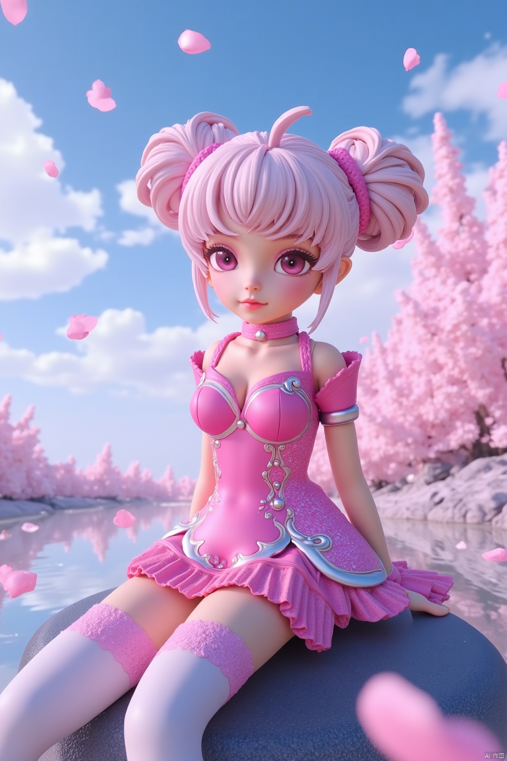 sitting, looking at viewer, waterfall, (cherry blossoms), (milfeulle sakuraba),petals, sky, cloud, day, blue sky, petals, water, stone, loudy sky, 1girl,solo,chibi,loli,short hair,makeup,breasts,thighhighs,twintails,pink eyes,hair bun,Pink and white thigh socks,(chibi:1.1),(Slim Body:1.2),loli,(Thin legs:1.2),nail polish, makeup,(8k, RAW photo, best quality, masterpiece:1.2),(realistic, photorealistic:1.3),ultra-detailed,extremely detailed cg 8k wallpaper,(crystalstexture skin:1.2),extremely delicate and beautiful