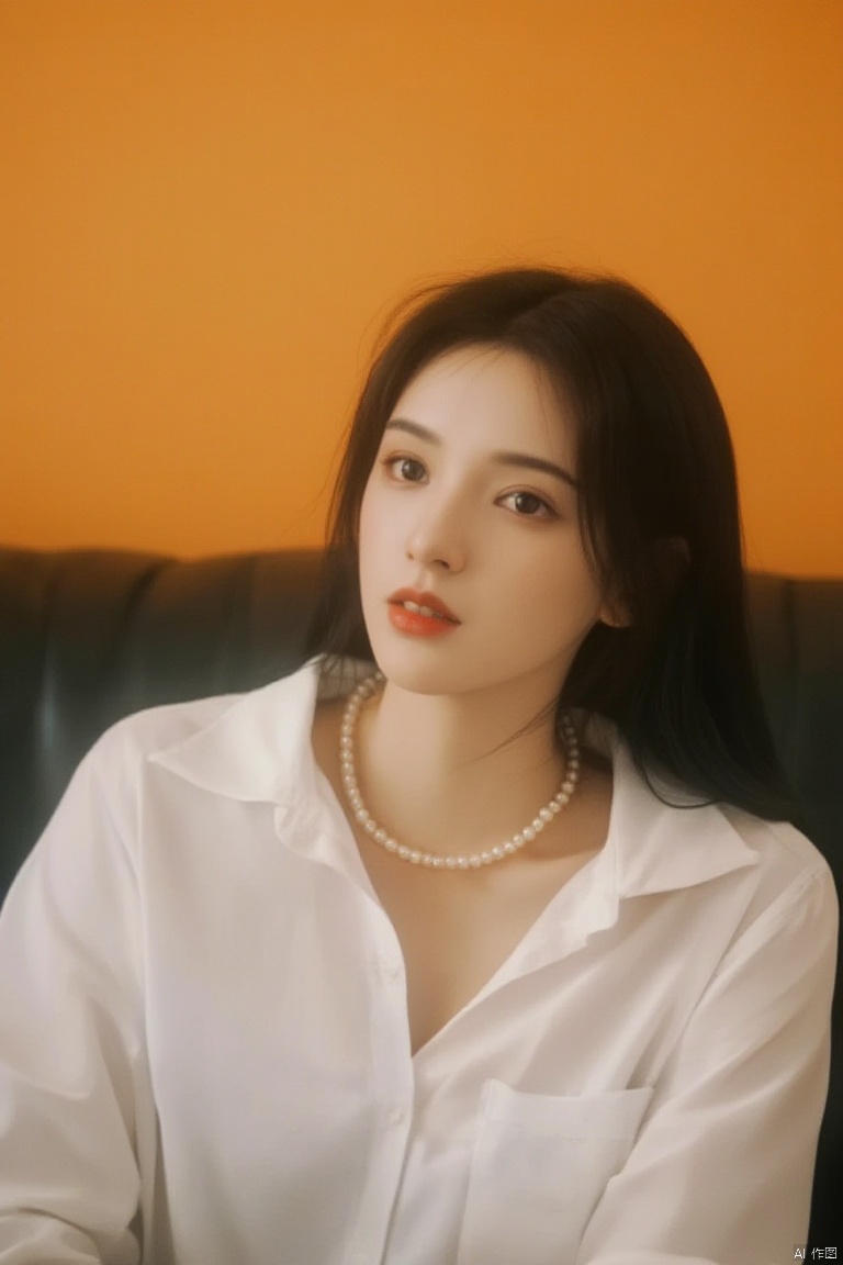 a medium-sized Asian woman with long black hair, wearing a white button-down shirt, adorned with a pearl necklace. She is seated on a black leather couch, her eyes gazing off into the distance. The backdrop is a vibrant orange wall, adding a pop of color to the scene.