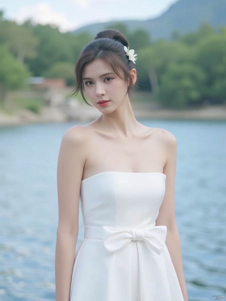 a young Asian woman
dressed in a white strapless dress
adorned with a white belt tied around her waist. Her hair is pulled back in a ponytail
with a small white flower pinned into her hair. She is standing in front of a body of water
with trees and a mountain in the background. The woman's eyes are a deep blue
and her lips are a vibrant red
adding a pop of color to the scene. The backdrop is blurred
creating a peaceful and serene atmosphere.
