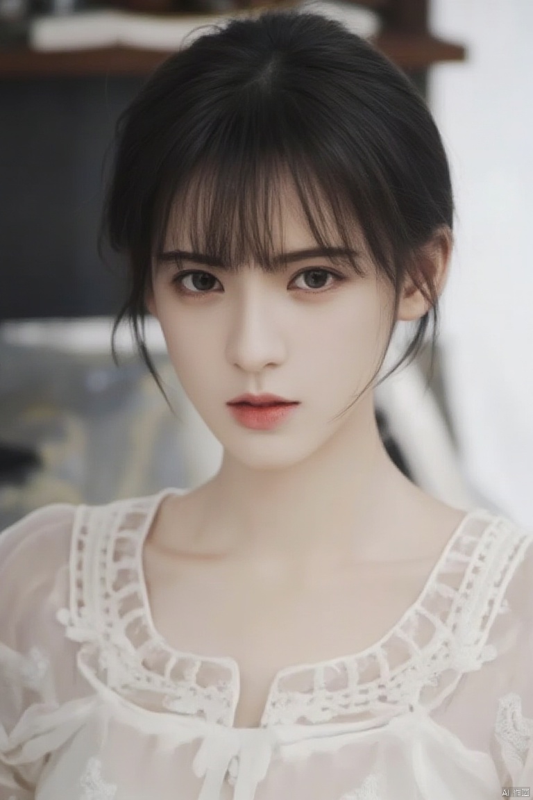 a close-up shot of a young Asian woman with dark brown hair and brown eyes. She is wearing a white sleeveless blouse with a low neckline that is adorned with white embroidery. Her hair is pulled back in a ponytail, adding a touch of texture to her face. The backdrop is blurred, creating a stark contrast to the woman's white dress.
