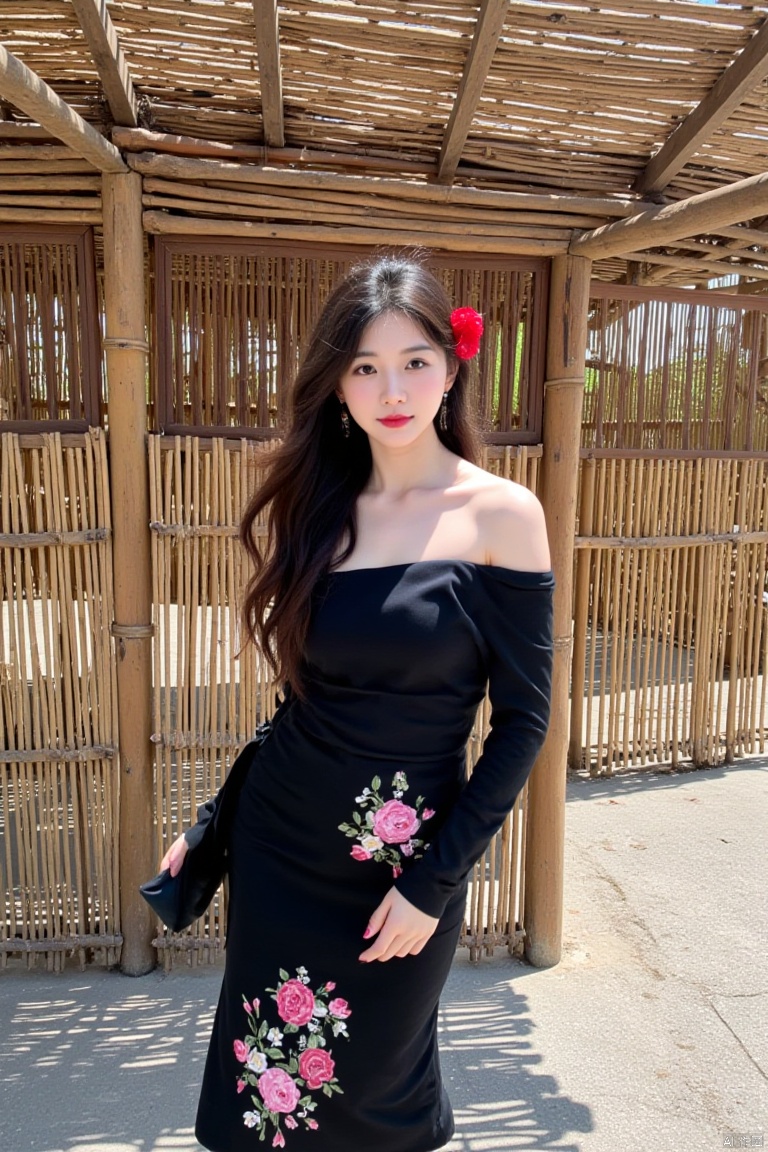 Captured from a high-angle perspective on a sunny day, a young Asian woman stands in front of a bamboo hut. She is dressed in a black off-the-shoulder blouse with a black skirt adorned with pink and white flowers. Her hair is long and cascades over her shoulders. She has a red flower in her hair, adding a pop of color to her outfit. The hut casts a shadow on the ground beneath her, adding depth to the scene.


