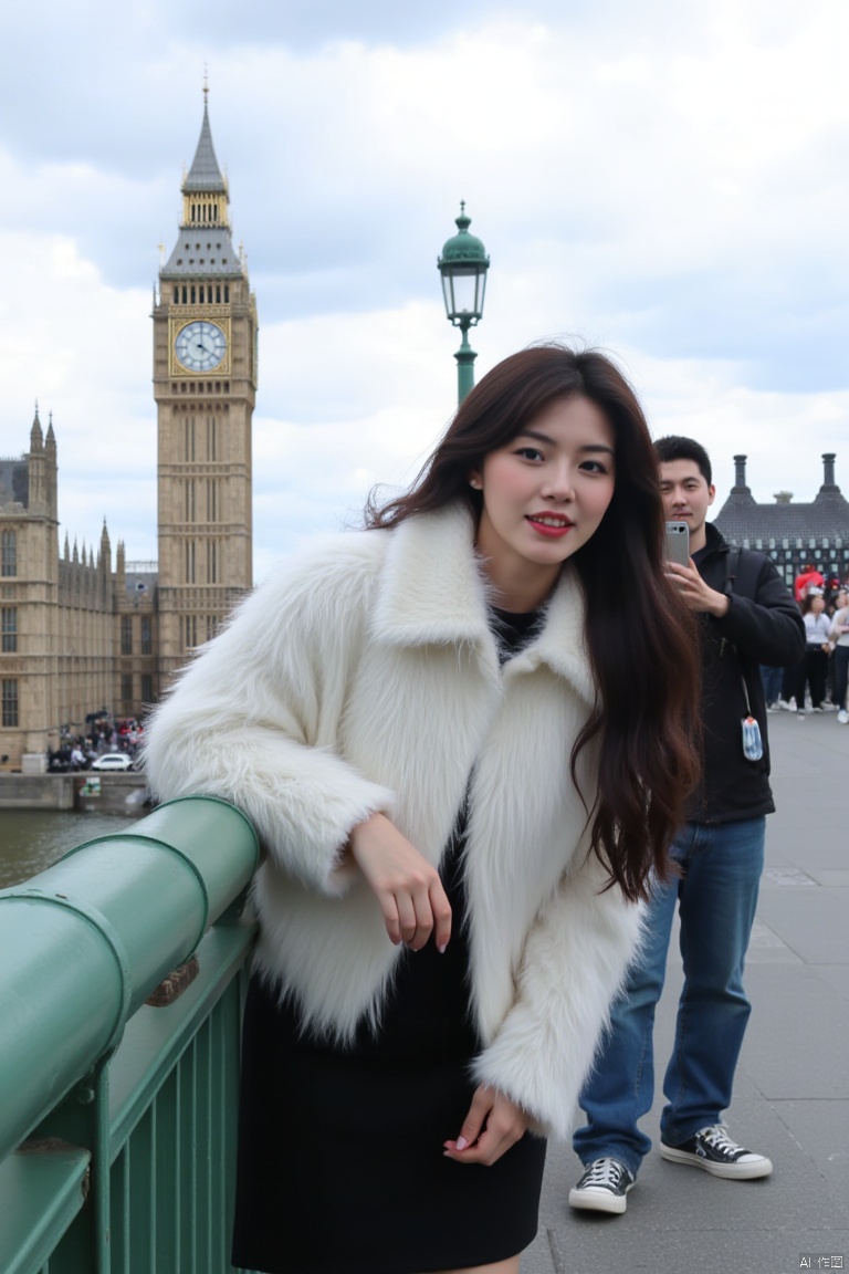 Captured at eye-level on a cloudy day, a woman with long dark brown hair, wearing a white fur coat and a black skirt, is leaning on a green metal railing. She is looking to the left, her right hand is resting on the railing. Behind her, a man in a black jacket and blue jeans is taking a selfie with his phone. In the background, the Big Ben clock tower stands tall, towering over the city of London. To the left of the clock tower, a large brown building is visible. The sky is full of fluffy white clouds, adding a touch of contrast to the scene.


