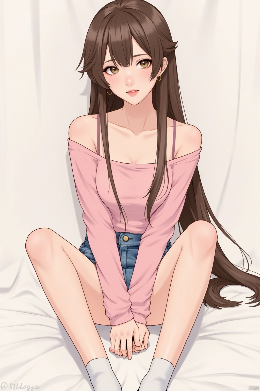 1girl, solo, long hair, looking at viewer, brown hair, shirt, long sleeves, brown eyes, sitting, shorts, day, socks, off shoulder, lips, short shorts, denim, white socks, between legs, blue shorts, denim shorts, pink shirt, hand between legs, off-shoulder shirt, bra strap