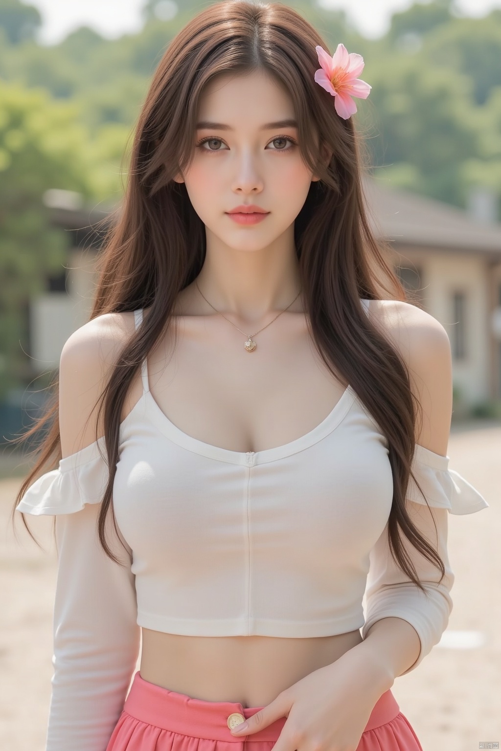 1girl, solo, long hair, breasts, looking at viewer, skirt, brown hair, shirt, hair ornament, brown eyes, jewelry, standing, white shirt, flower, cowboy shot, outdoors, day, hair flower, necklace, lips, crop top, camisole, pink skirt, realistic