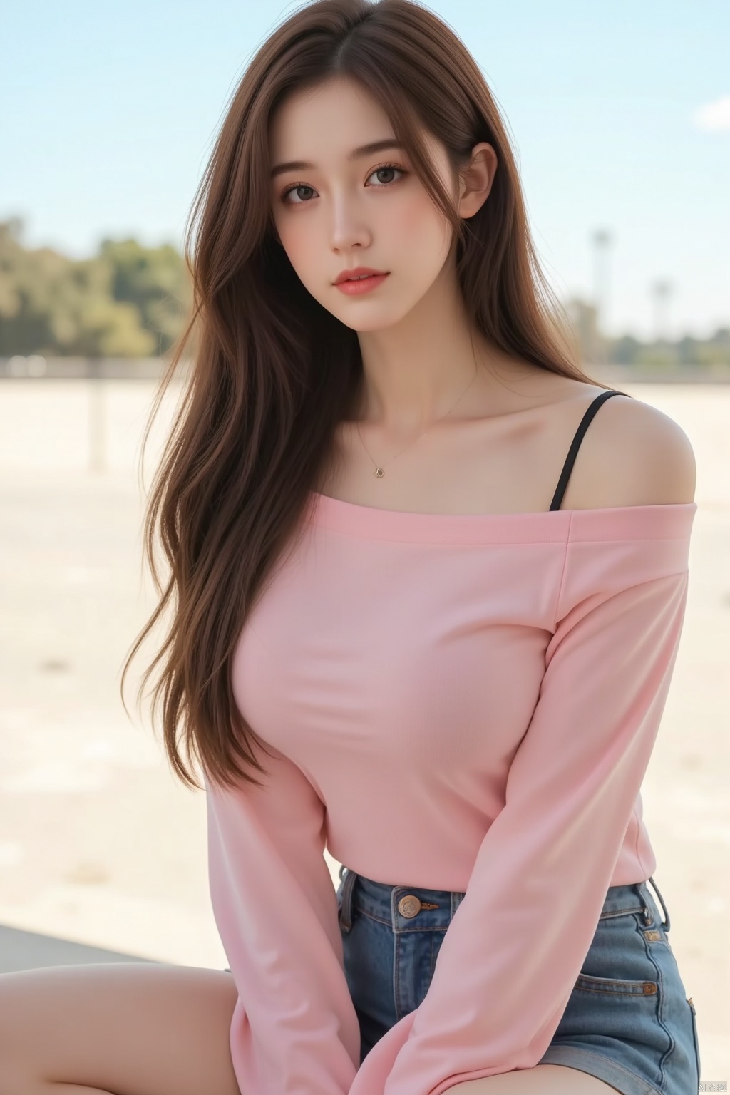 1girl, solo, long hair, looking at viewer, brown hair, shirt, long sleeves, brown eyes, sitting, shorts, day, socks, off shoulder, lips, short shorts, denim, white socks, between legs, blue shorts, denim shorts, pink shirt, hand between legs, off-shoulder shirt, bra strap