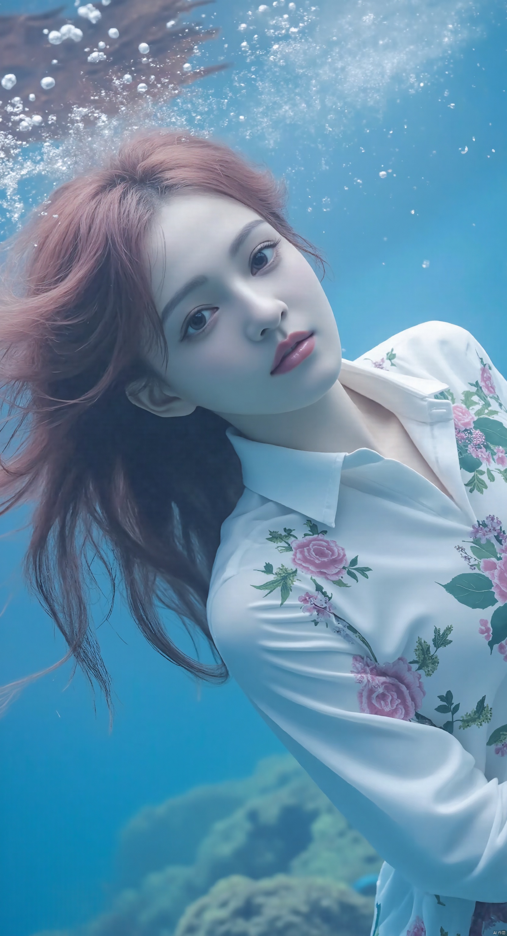 1girl,underwater,shirt,Coral reef, pink mist, pink hair, upper body, fantasy art, flowers, long hair flowing,
