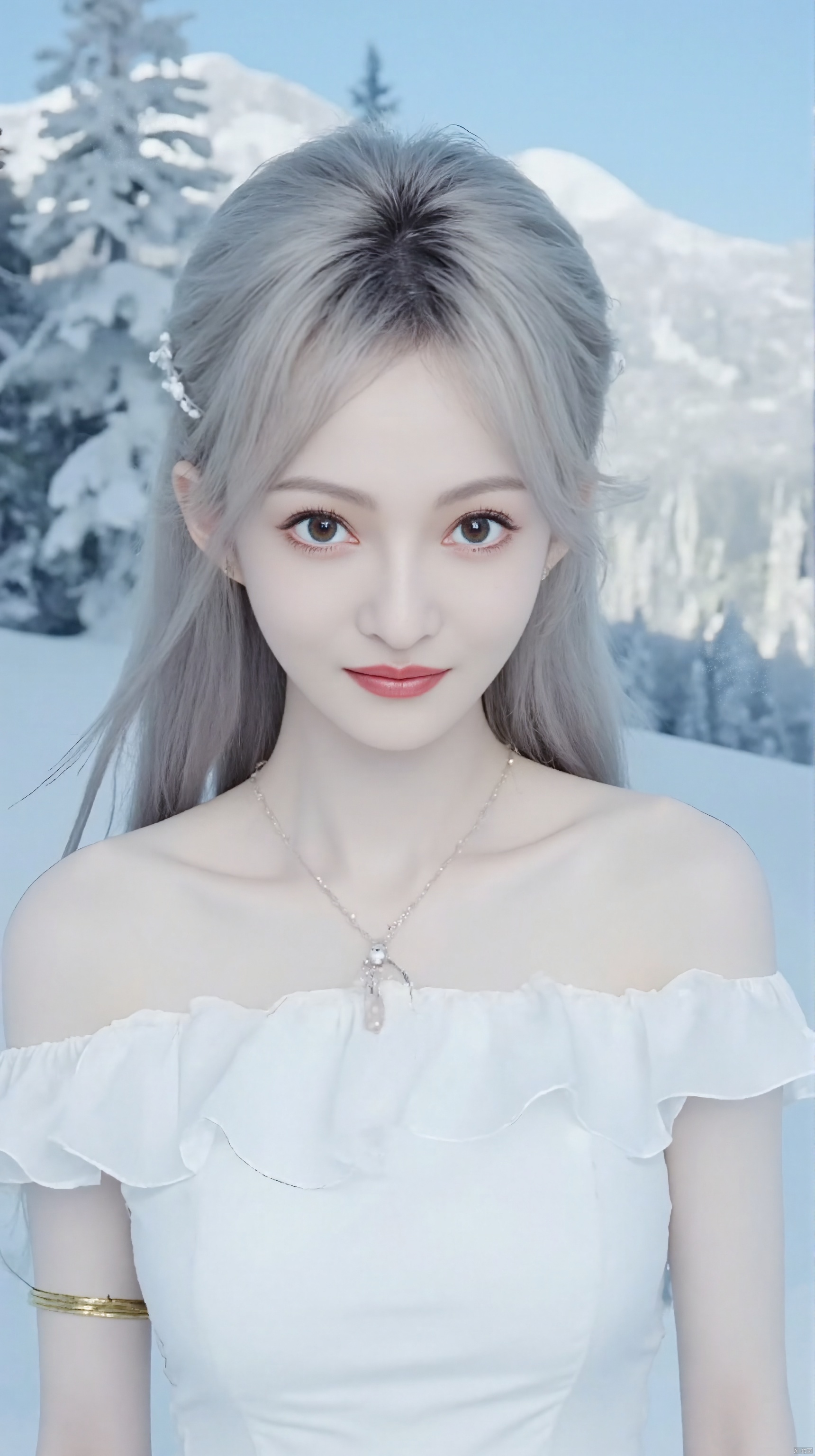 wangyushan,((((ink))),((watercolor)),world masterpiece theater, ((best quality)),depth of field,((illustration)),(1 girl),anime face,medium_breast,floating,beautiful detailed sky,looking_at_viewers,an detailed organdie dress,very_close_to_viewers,bare_shoulder,golden_bracelet,focus_on_face,messy_long_hair,veil,upper_body,,lens_flare,light_leaks,bare shoulders,detailed_beautiful_Snow Forest_with_Trees, spirit,grey_hair,White clothes,((Snowflakes)),floating sand flow,navel,(beautiful detailed eyes), (8k_wallpaper)