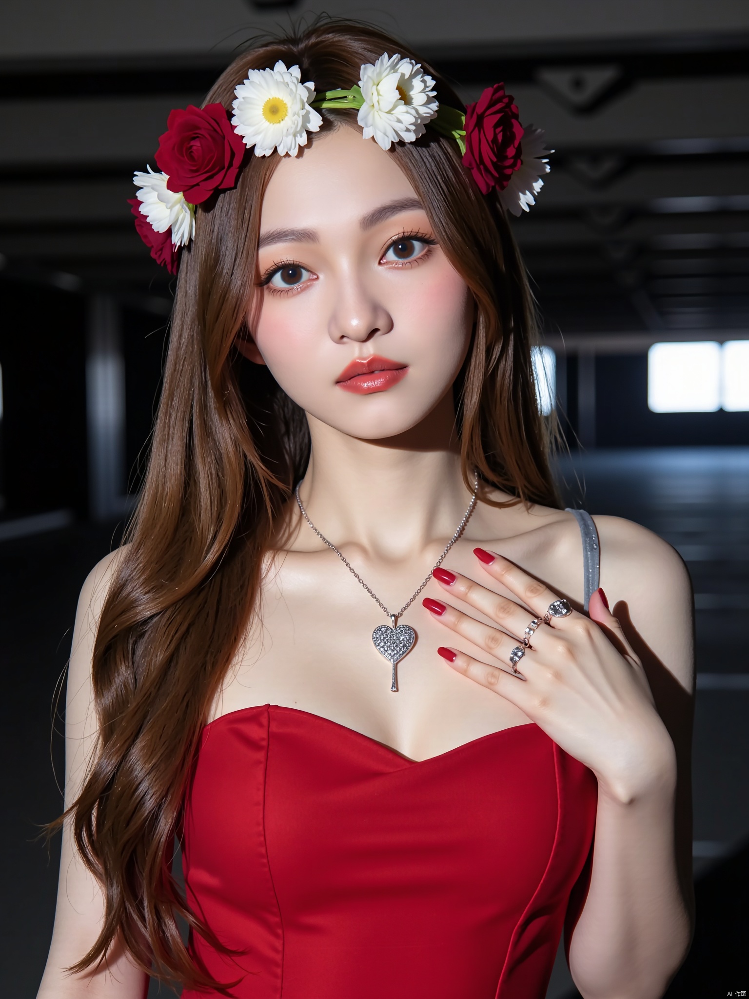 A young Asian woman wearing a flower wreath,Medium-sized Asian woman with long, straight brown hair stands in dimly lit parking garage, vibrant red strapless dress gleaming under subtle illumination. Silver heart-shaped necklace catches eye amidst dark surroundings. Left hand rests on right shoulder, contrasting outfit's boldness. Right hand cradles left, hip accentuating curves. Piercing blue eyes and darker pink lips frame a radiant presence, gold ring sparkling on left ring finger. Composition: woman centered, with dark backdrop and soft lighting creating intimate atmosphere.