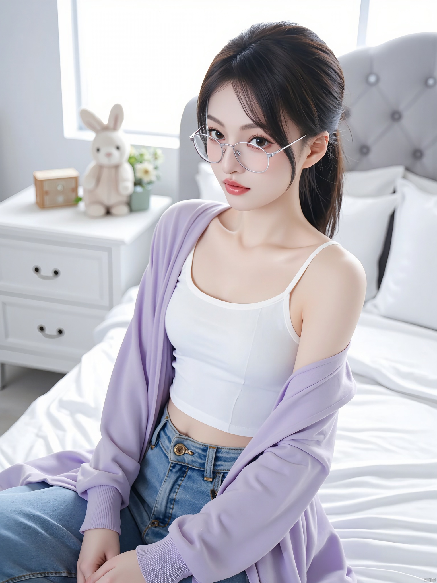 a young Asian woman is seated on a bed. She is dressed in a white tanktop, a long-sleeved purple cardigan, and blue jeans. Her hair is pulled back in a ponytail, and she is wearing a pair of eye glasses. Her lips are painted pink, and her eyes are a piercing green. The bed she is sitting on is adorned with white sheets and pillows, and a gray headboard is visible in the background. To the left of the bed is a white dresser with a stuffed bunny on it.