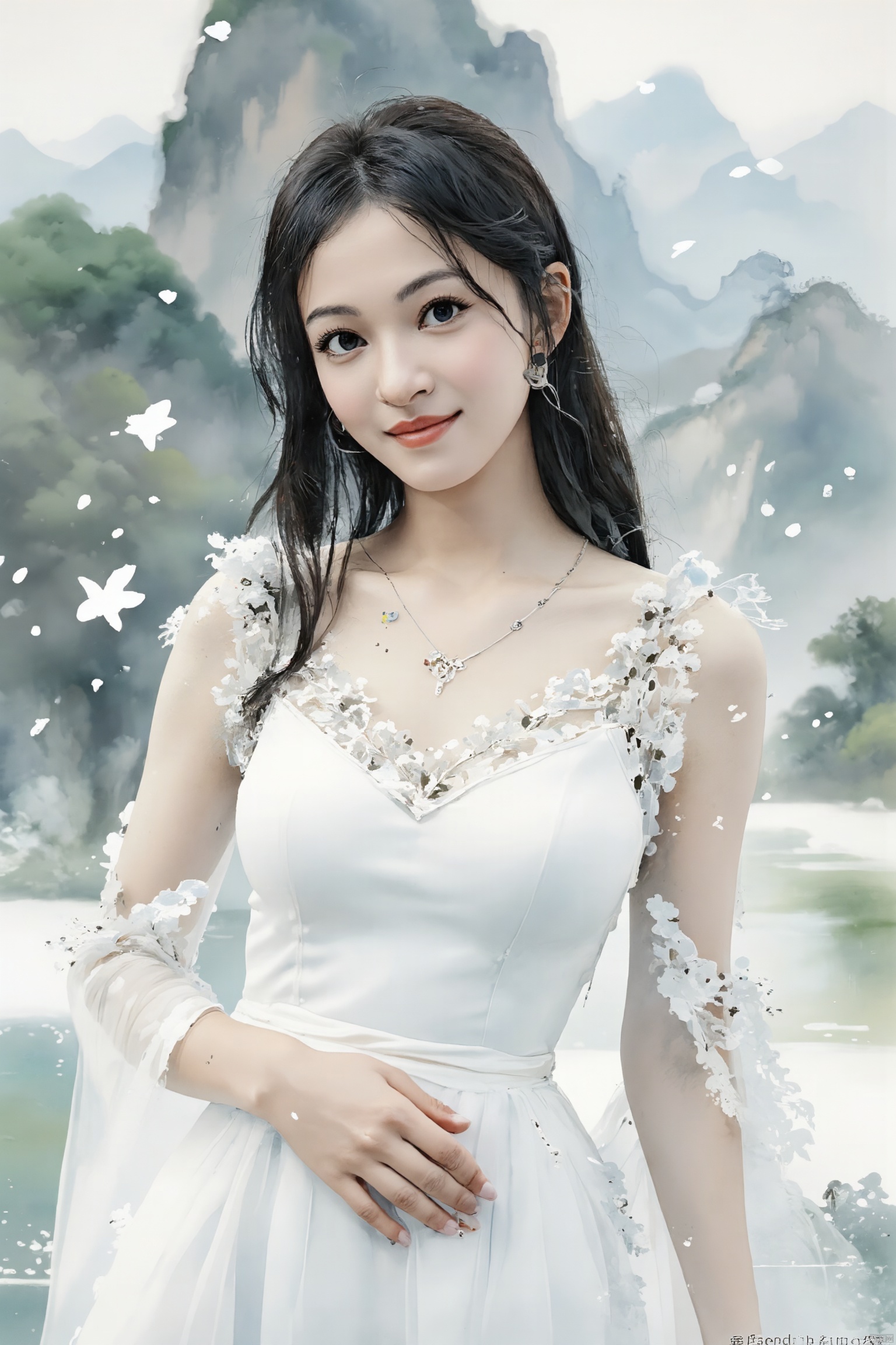 luoxue,Softly falling snowflakes dance in the blurred background, framing a serene portrait of Luoxue. A close-up shot captures her delicate features: long dark brown hair cascading down her back, a gentle smile playing on her lips, and piercing blue eyes sparkling with warmth. She wears a pristine white dress adorned with intricate embroidery on the shoulders, complemented by a silver necklace and earrings that catch the subtle light. Her left hand rests on her hip, exuding confidence and poise as she stands amidst the winter wonderland.