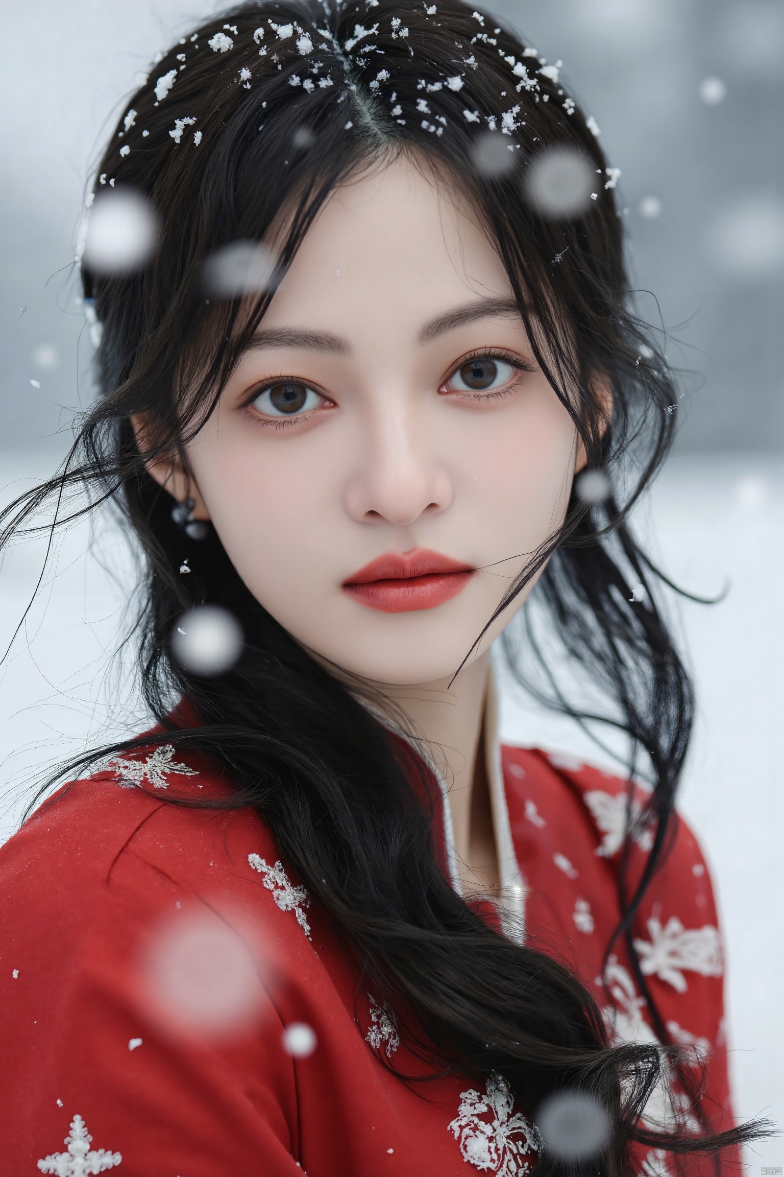 snow.,luoxue,cinematic photo ,Best quality , (masterpiece:1.2) , cinematic photo,1woman,A beautiful girl in red hanfu, Standing in the wind andsnow, long hair blown by the wind,snow in the sky , upperbody,snowing,snowy day,in winter ,motion blur ,(sad:1.1),(crying:1.1),close-up,(tears:1.1),(face focus:1.1),(close mouth:1.1),front view ,35mm photograph, film, bokeh, professional, 4k, highly detailed,helgirls 