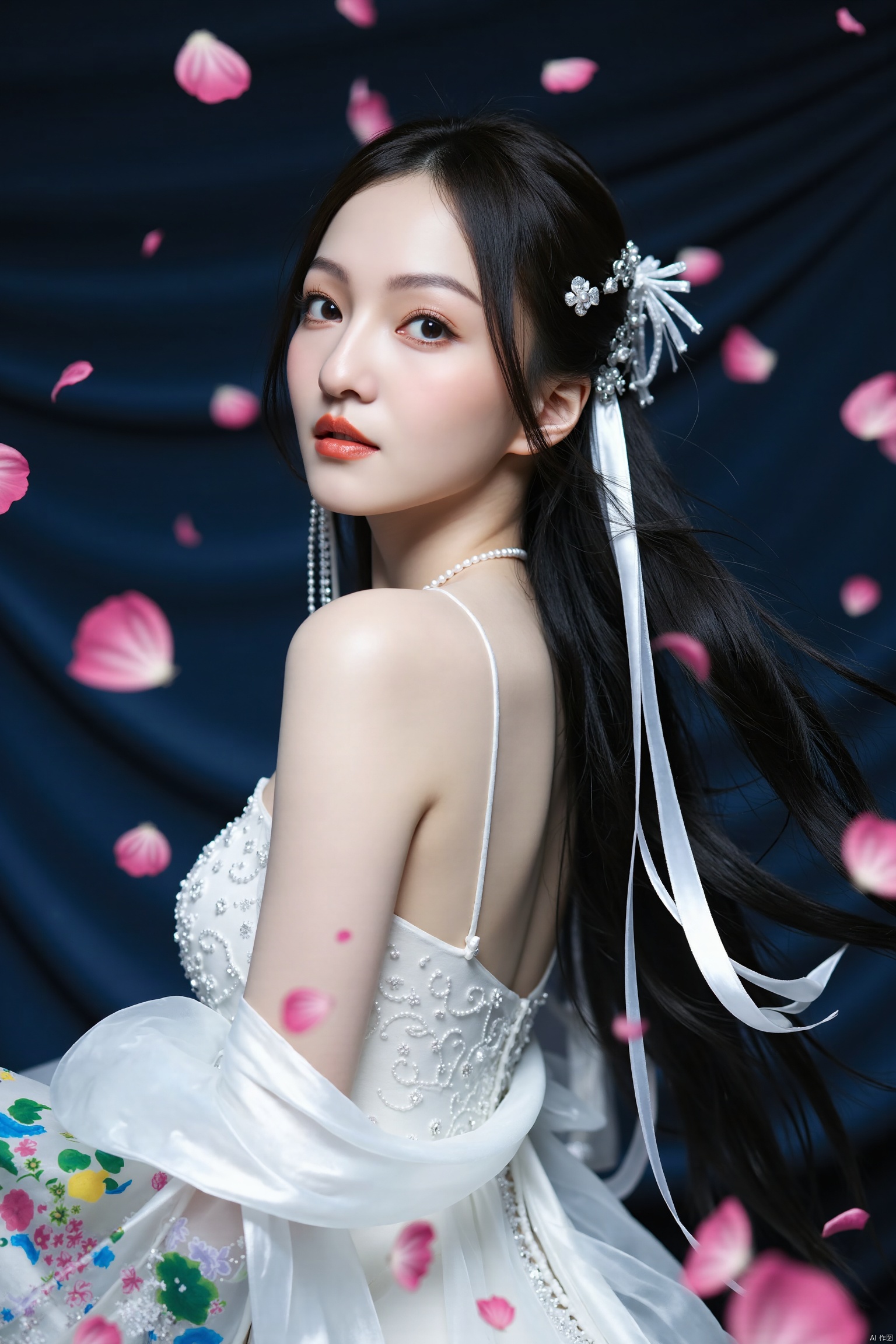 A young Asian woman stands solo, dressed in a stunning white Chinese dress with bare shoulders, her long black hair flowing down her back like a river of night. Her pale face is adorned with intricate jewelry and hair accessories that shimmer under professional lighting. A gentle breeze lifts the dress's hem, as if it's floating on air, revealing a tantalizing glimpse of legs and feet. The upper body is wrapped in colorful silks, like a living canvas, with petals falling from above, creating a surreal scene. In close-up, her face is framed by long ribbons, her eyes watching the audience with an enigmatic intensity. Her body is tattooed with vibrant colors, adding to the overall mystique of this dreamlike setting.