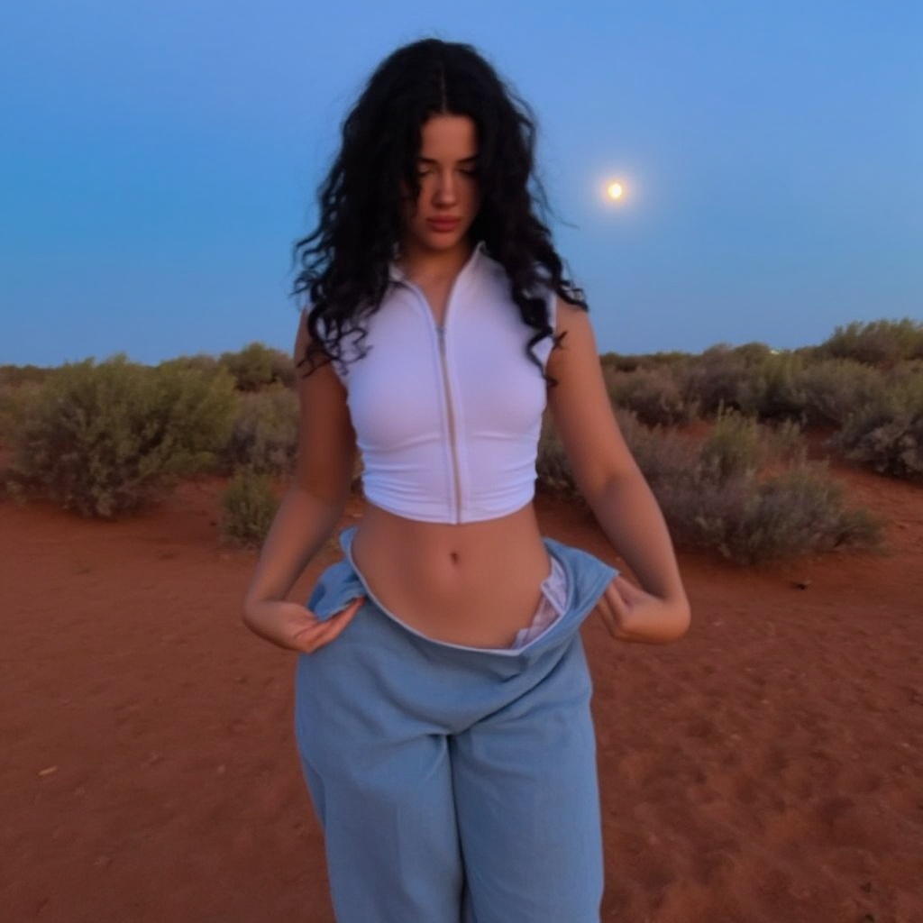 Vanessa Reinhardt V2.1 ,  Generate an outdoor scene at dusk,  with soft golden lighting illuminating a young woman standin...