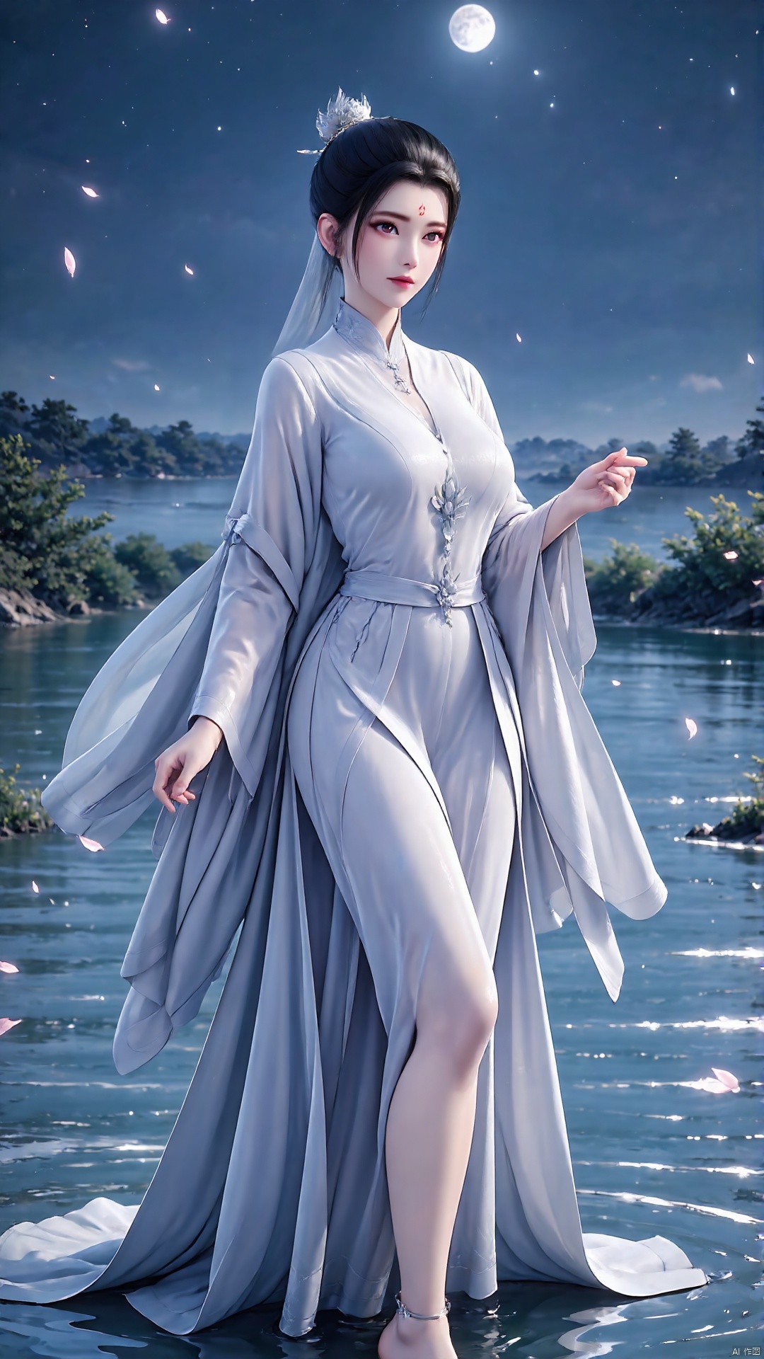 1girl, dress, moon, white dress, jewelry, solo, night, anklet, water, earrings, hair bun, full body, barefoot, bare legs, black hair, sky, forehead mark, chinese clothes, facial mark, looking at viewer, petals, single hair bun, night sky, hair ornament, ripples