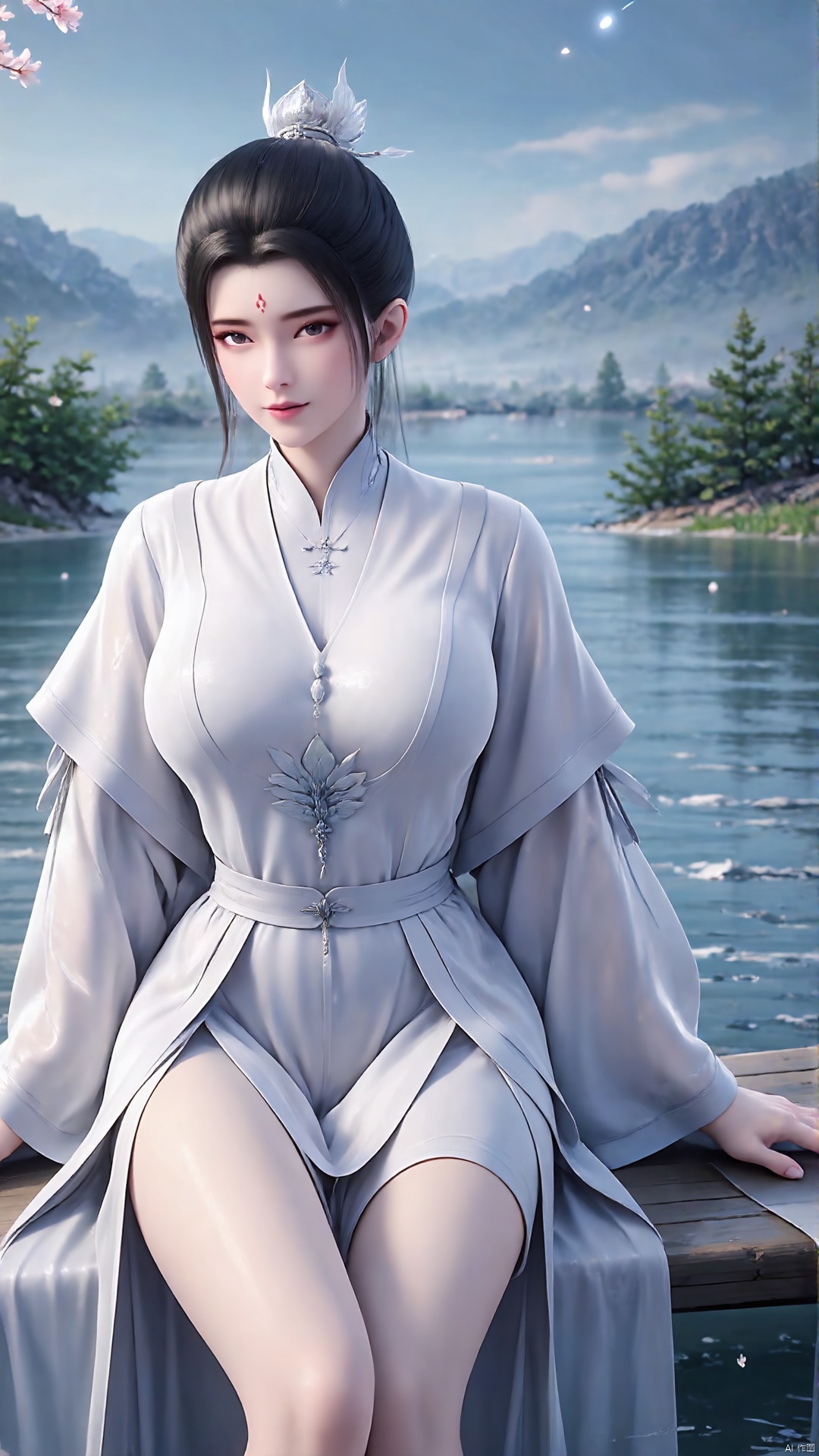 1girl, forehead mark, facial mark, hair bun, water, solo, bare legs, dress, black hair, white dress, single hair bun, hair ornament, looking at viewer, outdoors, sky, jewelry, wet, earrings, chinese clothes, sitting
