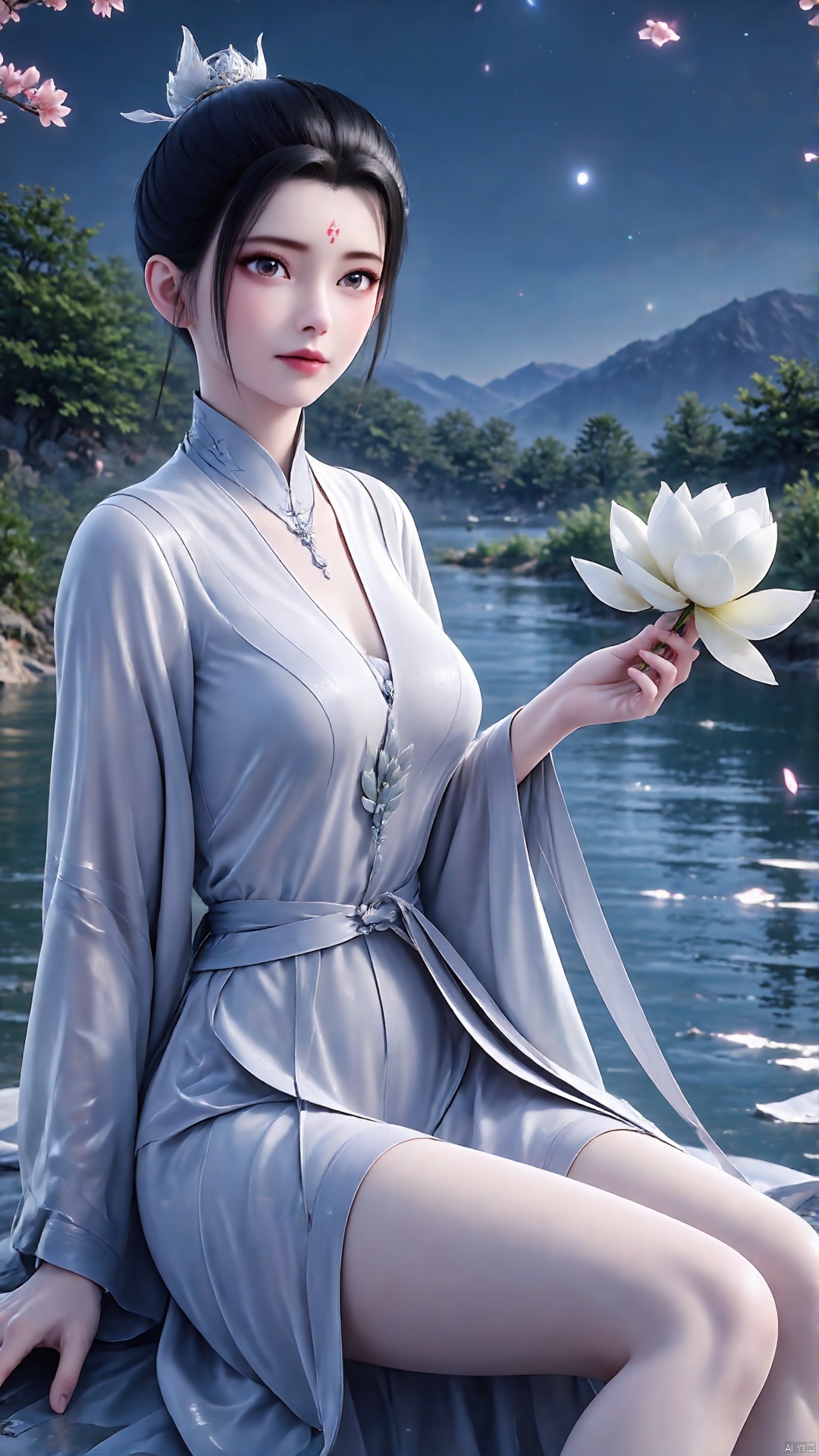 SFW,(masterpiece:1.2),best quality,absurdres,masterpiece,original,extremely detailed wallpaper,perfect lighting,(extremely detailed CG:1.2),1girl,solo,black hair,hair ornament,dress,holding,jewelry,sitting,flower,sky,hair bun,night,facial mark,chinese clothes,single hair bun,forehead mark,outdoors,sky,water,necklace,tree,petals,bare legs,night,facial mark,cherry blossoms,mountain,forehead mark,branch
