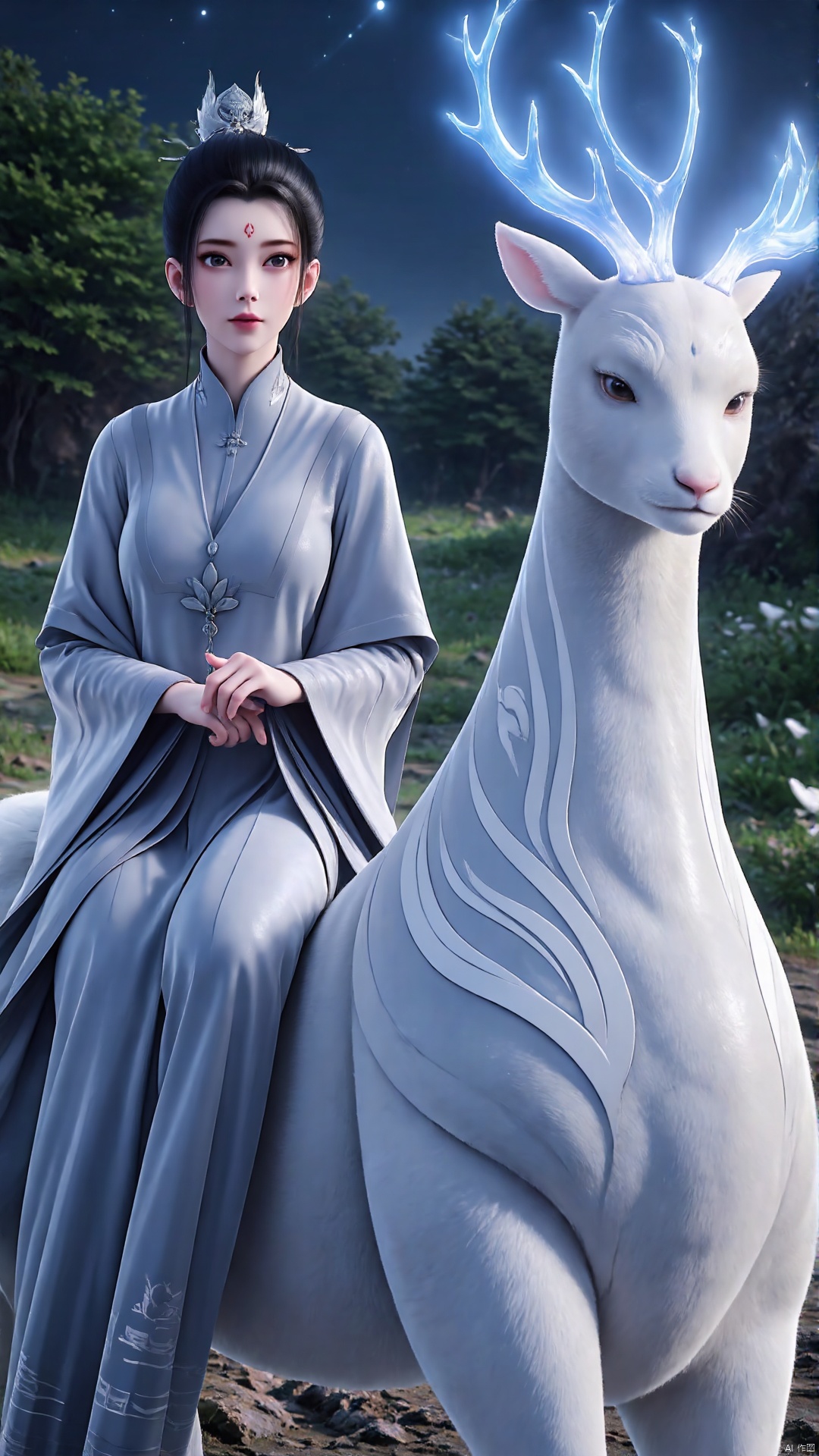 1girl, deer, forehead mark, hair bun, facial mark, antlers, jewelry, black hair, outdoors, single hair bun, looking at viewer, dress, full body, animal, tree, chinese clothes推荐提示词61girl, forehead mark, facial mark, flower, solo, black hair, hair bun, sitting, jewelry, hair ornament, dress, single hair bun, earrings, night, chinese clothes, white dress, sky