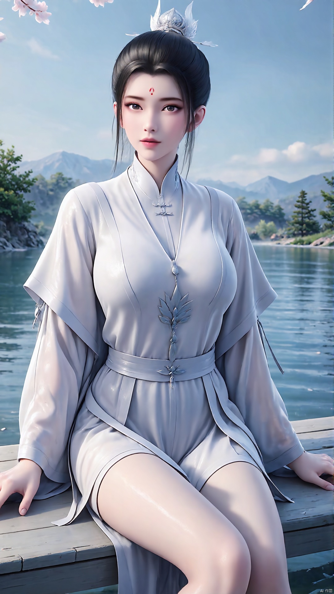1girl, forehead mark, facial mark, hair bun, water, solo, bare legs, dress, black hair, white dress, single hair bun, hair ornament, looking at viewer, outdoors, sky, jewelry, wet, earrings, chinese clothes, sitting