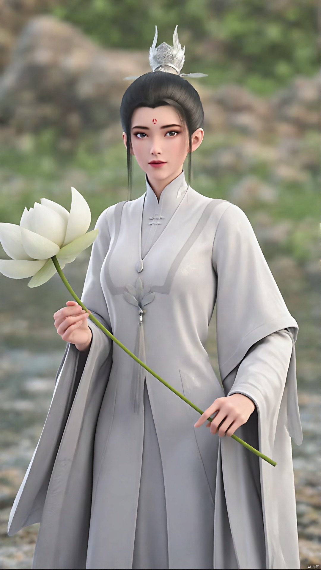 flower, 1girl, solo, forehead mark, holding flower, black hair, facial mark, holding, blurry background, chinese clothes, hanfu, wide sleeves, outdoors, hair bun, blurry, long sleeves, hair ornament, standing, photo background, realistic, lotus, looking at viewer, black eyes, white flower, day