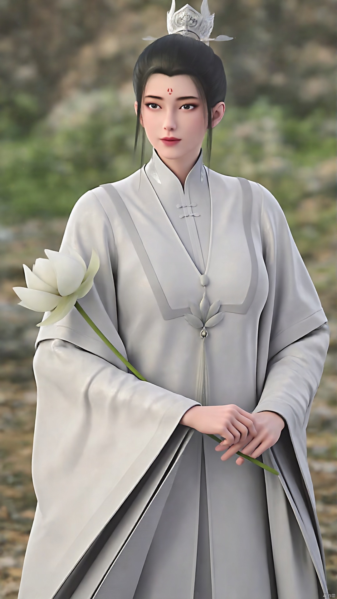 flower, 1girl, solo, forehead mark, holding flower, black hair, facial mark, holding, blurry background, chinese clothes, hanfu, wide sleeves, outdoors, hair bun, blurry, long sleeves, hair ornament, standing, photo background, realistic, lotus, looking at viewer, black eyes, white flower, day