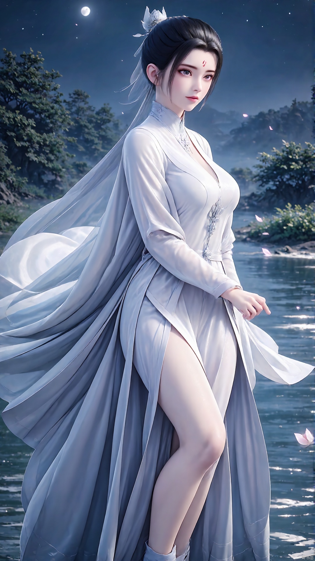 1girl, dress, moon, white dress, jewelry, solo, night, anklet, water, earrings, hair bun, full body, barefoot, bare legs, black hair, sky, forehead mark, chinese clothes, facial mark, looking at viewer, petals, single hair bun, night sky, hair ornament, ripples