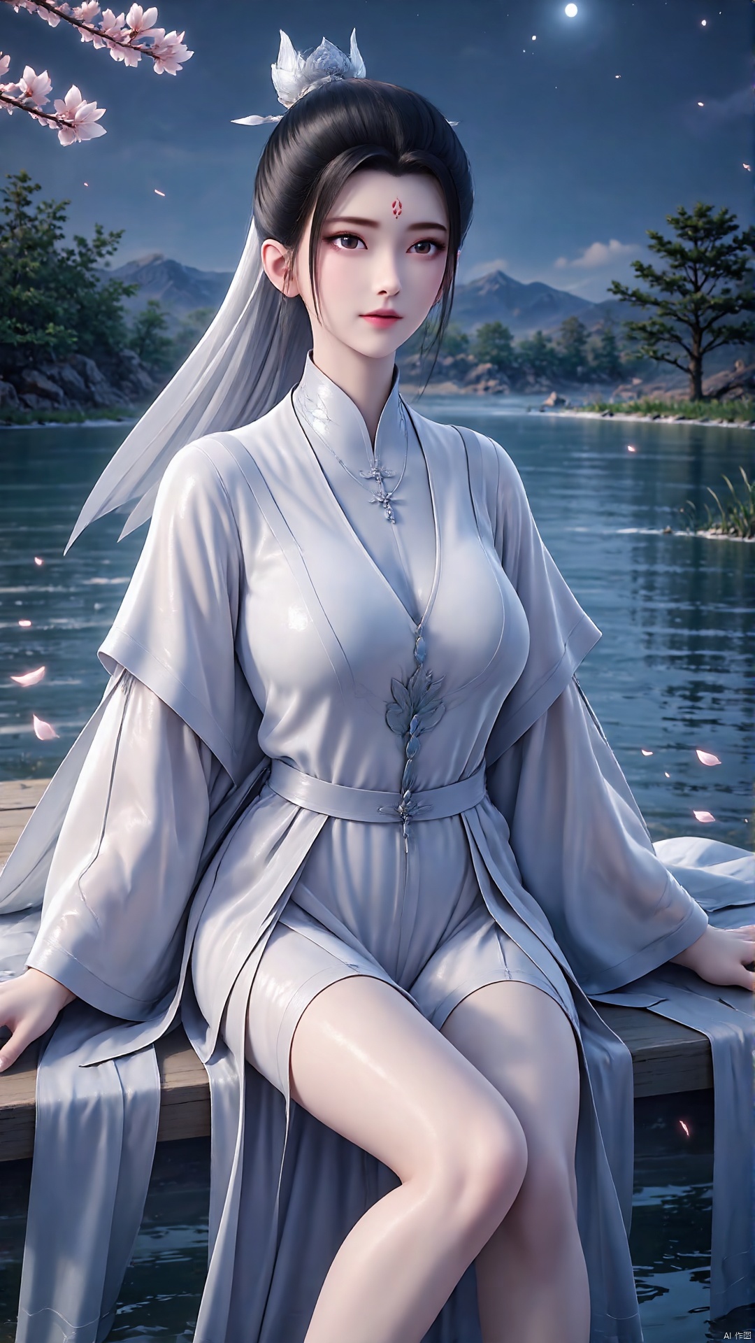 SFW,(masterpiece:1.2),best quality,absurdres,masterpiece,original,extremely detailed wallpaper,perfect lighting,(extremely detailed CG:1.2),1girl,solo,black hair,hair ornament,dress,holding,jewelry,sitting,flower,sky,hair bun,night,facial mark,chinese clothes,single hair bun,forehead mark,outdoors,sky,water,necklace,tree,petals,bare legs,night,facial mark,cherry blossoms,mountain,forehead mark,branch