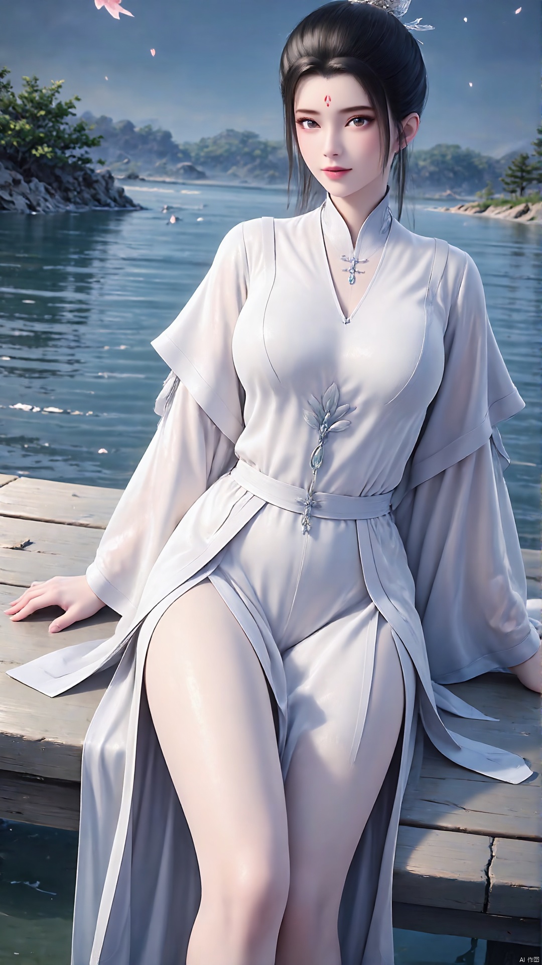 1girl, forehead mark, facial mark, hair bun, water, solo, bare legs, dress, black hair, white dress, single hair bun, hair ornament, looking at viewer, outdoors, sky, jewelry, wet, earrings, chinese clothes, sitting