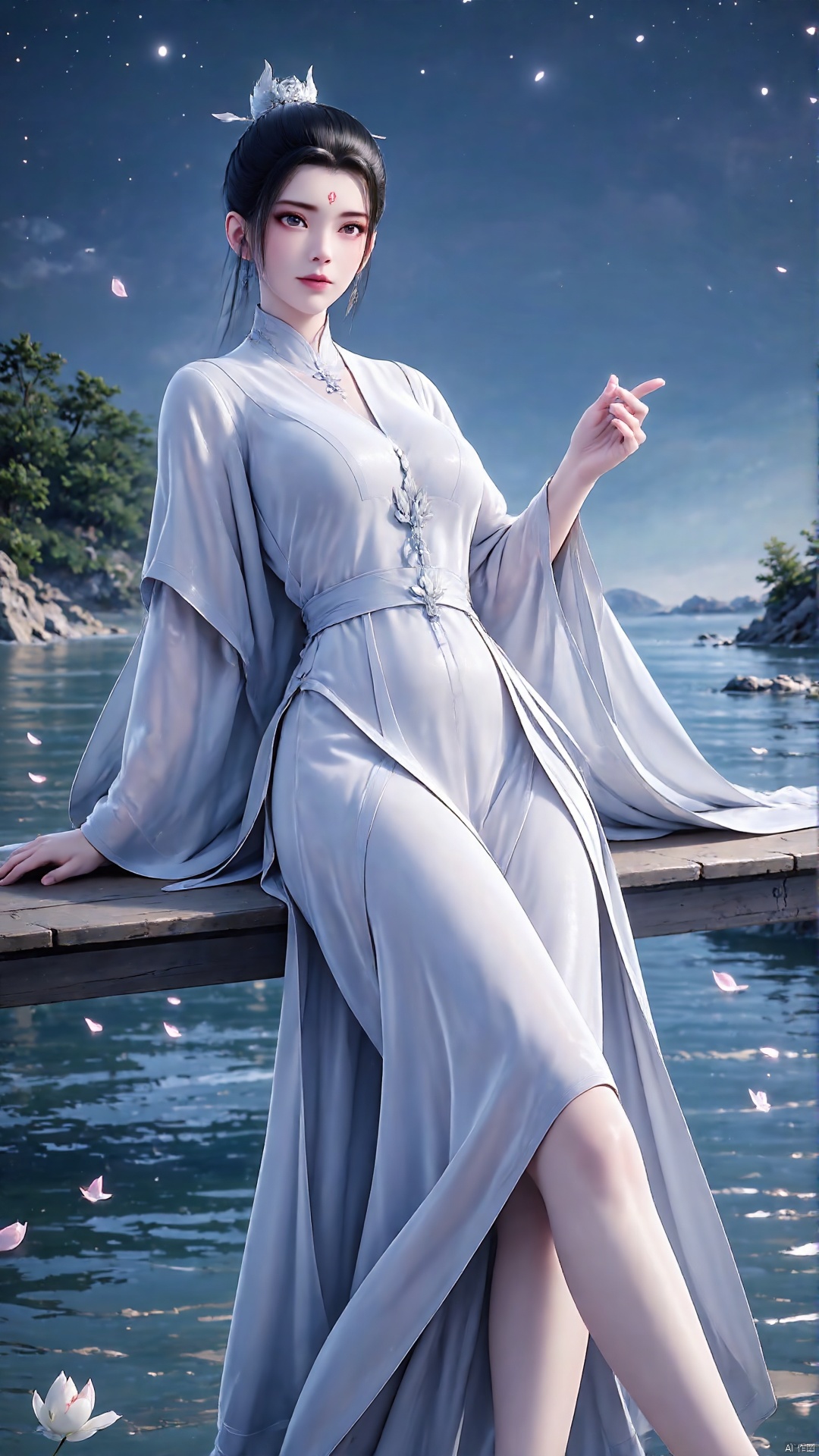 1girl, dress, moon, white dress, jewelry, solo, night, anklet, water, earrings, hair bun, full body, barefoot, bare legs, black hair, sky, forehead mark, chinese clothes, facial mark, looking at viewer, petals, single hair bun, night sky, hair ornament, ripples