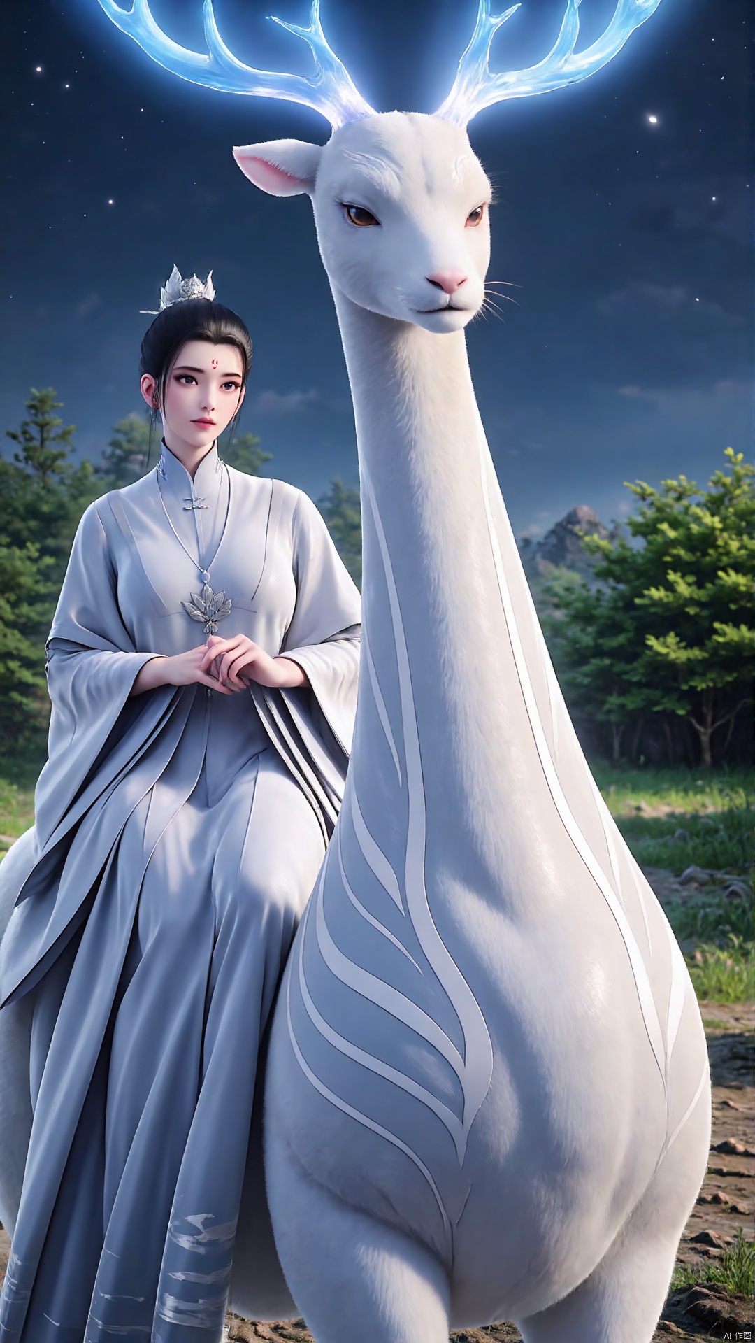 1girl, deer, forehead mark, hair bun, facial mark, antlers, jewelry, black hair, outdoors, single hair bun, looking at viewer, dress, full body, animal, tree, chinese clothes推荐提示词61girl, forehead mark, facial mark, flower, solo, black hair, hair bun, sitting, jewelry, hair ornament, dress, single hair bun, earrings, night, chinese clothes, white dress, sky