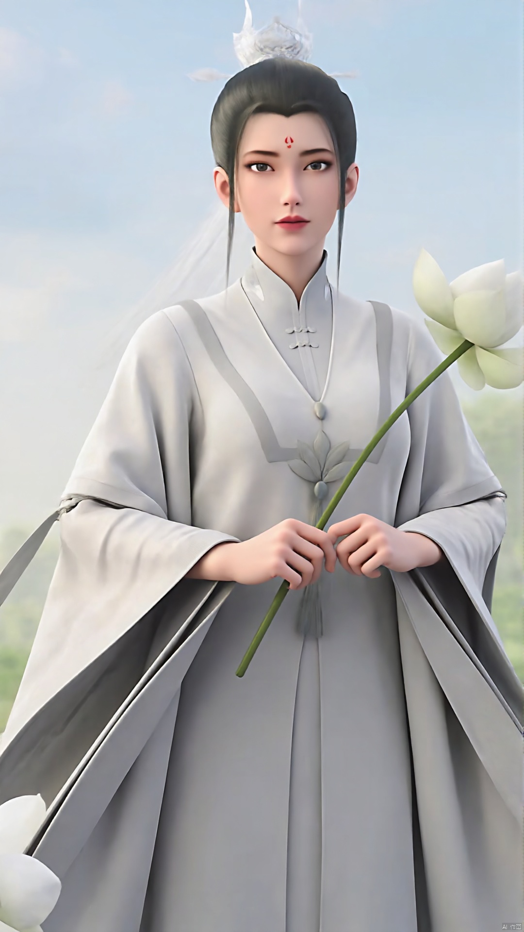 flower, 1girl, solo, forehead mark, holding flower, black hair, facial mark, holding, blurry background, chinese clothes, hanfu, wide sleeves, outdoors, hair bun, blurry, long sleeves, hair ornament, standing, photo background, realistic, lotus, looking at viewer, black eyes, white flower, day