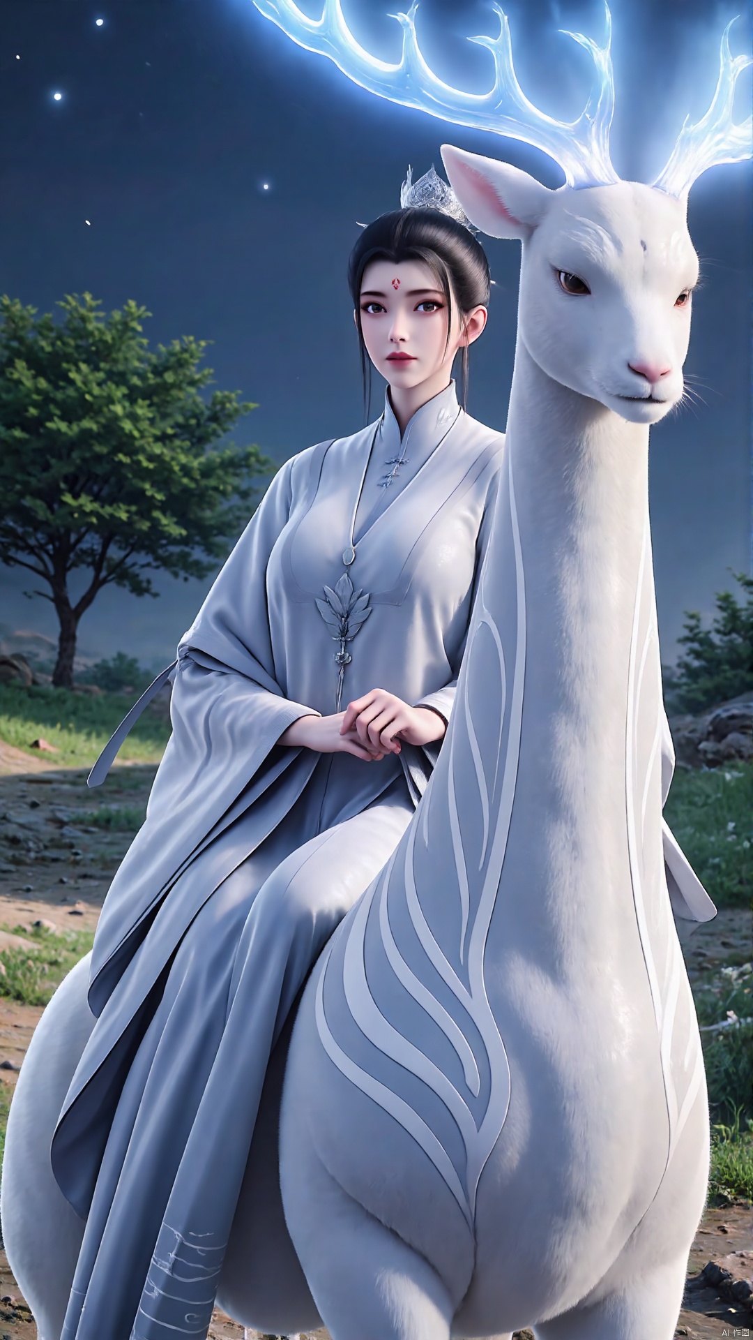 1girl, deer, forehead mark, hair bun, facial mark, antlers, jewelry, black hair, outdoors, single hair bun, looking at viewer, dress, full body, animal, tree, chinese clothes推荐提示词61girl, forehead mark, facial mark, flower, solo, black hair, hair bun, sitting, jewelry, hair ornament, dress, single hair bun, earrings, night, chinese clothes, white dress, sky