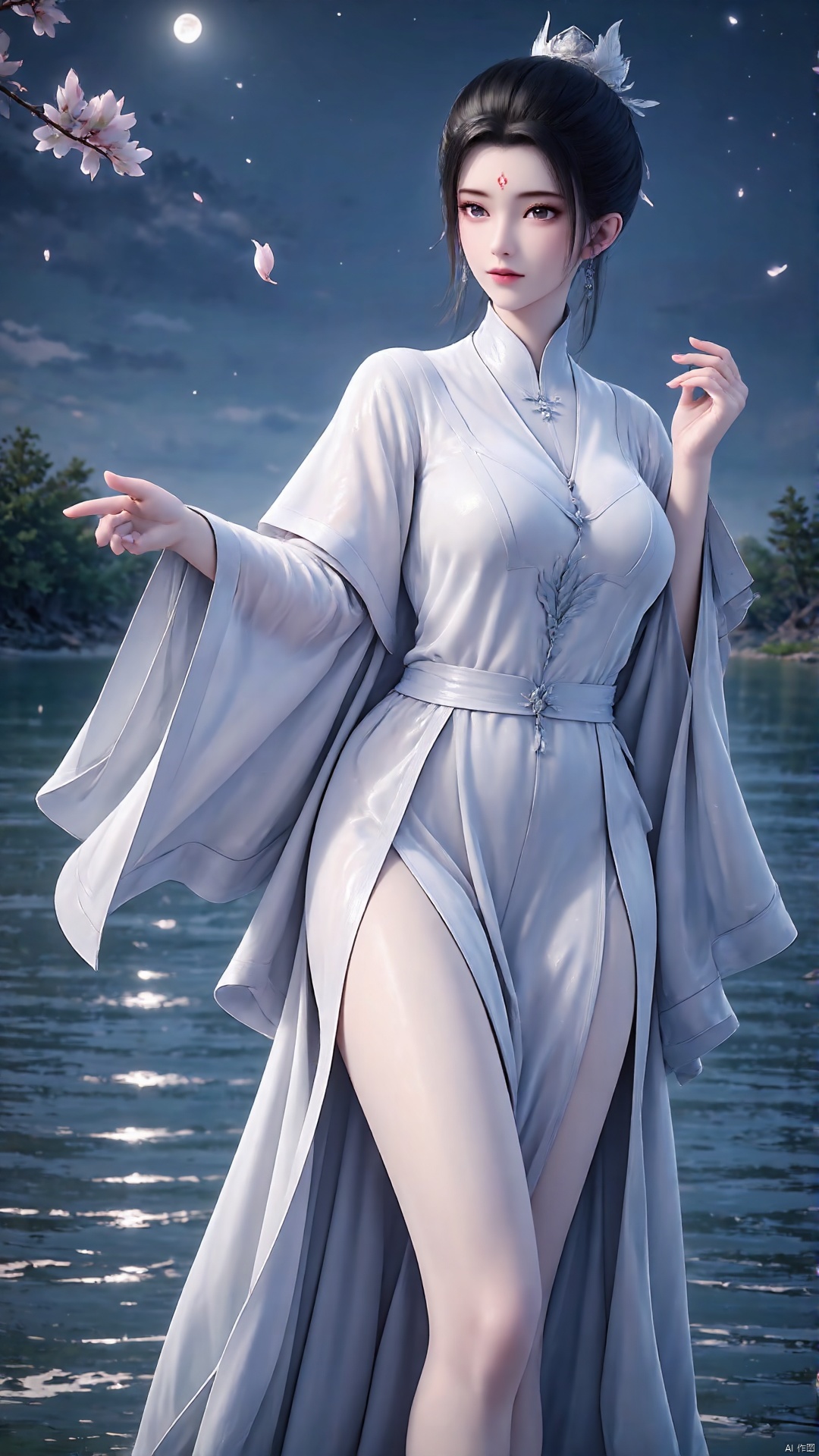 1girl, dress, moon, white dress, jewelry, solo, night, anklet, water, earrings, hair bun, full body, barefoot, bare legs, black hair, sky, forehead mark, chinese clothes, facial mark, looking at viewer, petals, single hair bun, night sky, hair ornament, ripples