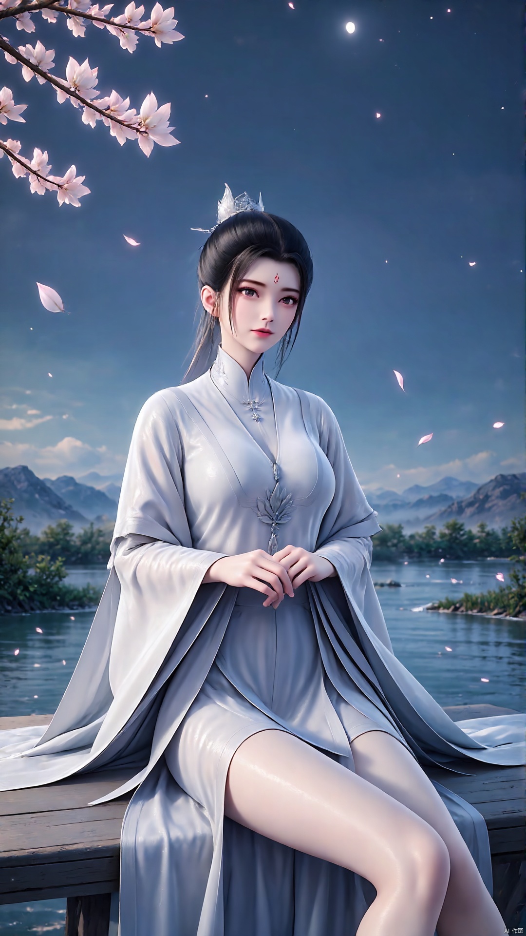 SFW,(masterpiece:1.2),best quality,absurdres,masterpiece,original,extremely detailed wallpaper,perfect lighting,(extremely detailed CG:1.2),1girl,solo,black hair,hair ornament,dress,holding,jewelry,sitting,flower,sky,hair bun,night,facial mark,chinese clothes,single hair bun,forehead mark,outdoors,sky,water,necklace,tree,petals,bare legs,night,facial mark,cherry blossoms,mountain,forehead mark,branch