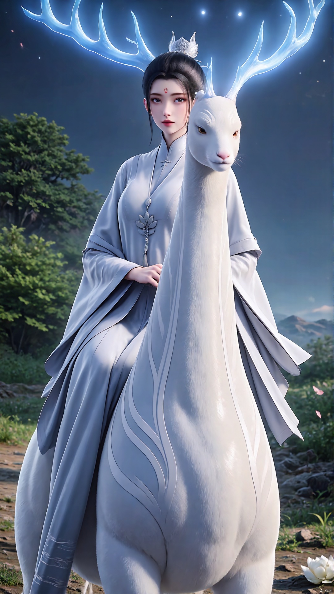 1girl, deer, forehead mark, hair bun, facial mark, antlers, jewelry, black hair, outdoors, single hair bun, looking at viewer, dress, full body, animal, tree, chinese clothes推荐提示词61girl, forehead mark, facial mark, flower, solo, black hair, hair bun, sitting, jewelry, hair ornament, dress, single hair bun, earrings, night, chinese clothes, white dress, sky